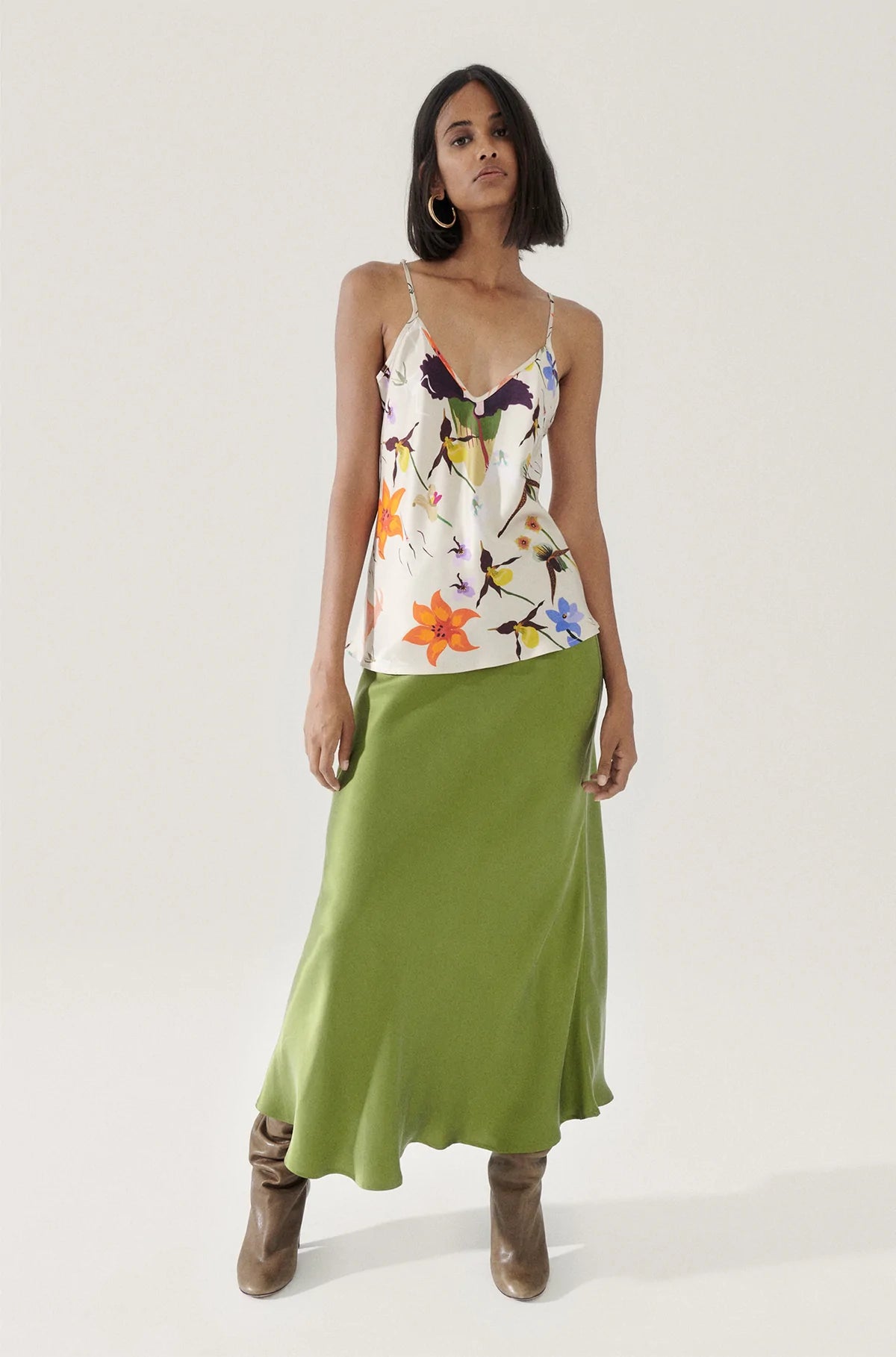 Bias Cut Cami Top in Hazelnut with Lost Flowers Print - Perfect for Layering, Summer Outfits & Boho Fashion