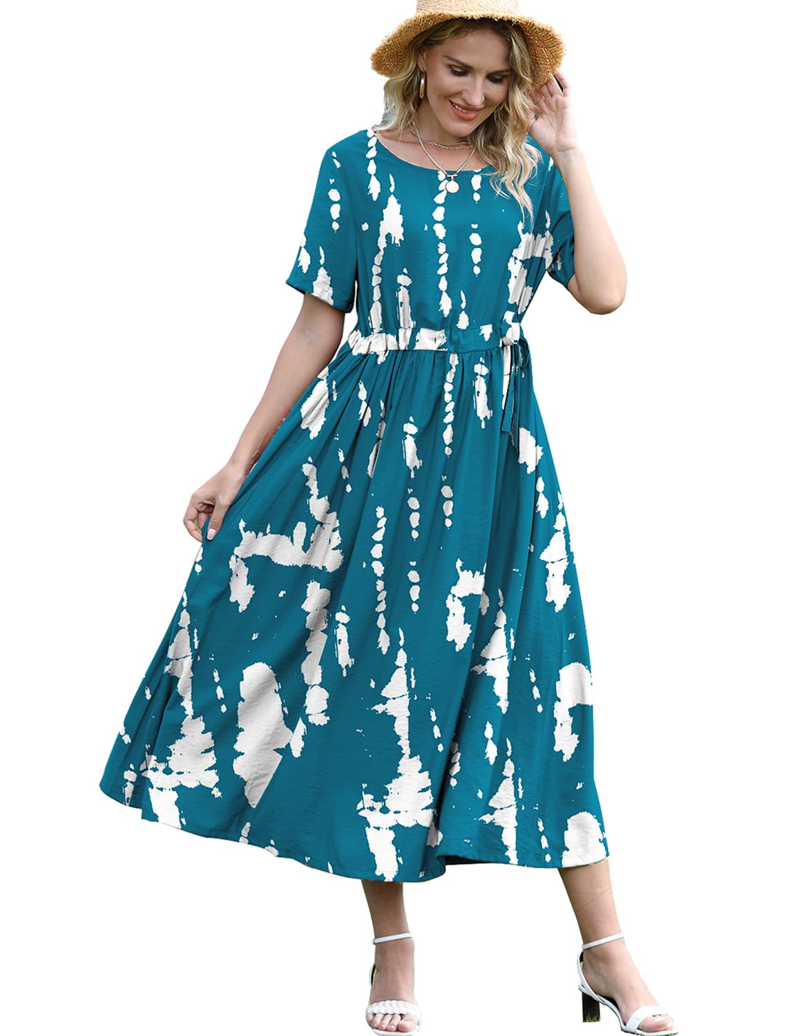 YESNO Women's 2022 Summer Floral Boho Maxi Dress with Belt - Casual Short Sleeve Beach Dress for Vacation, Outdoor Parties & Date Nights | E68