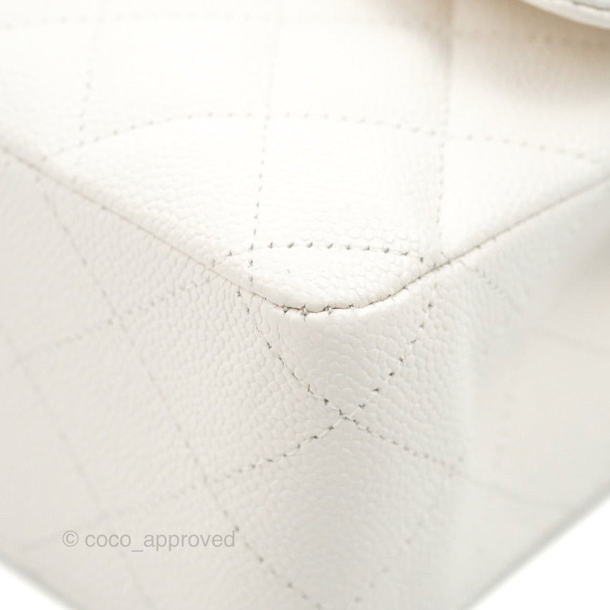 Chanel Classic Medium Double Flap Bag in White Caviar Leather with Silver Hardware - Luxury Handbag for Women, Perfect for Work, Parties & Everyday Use