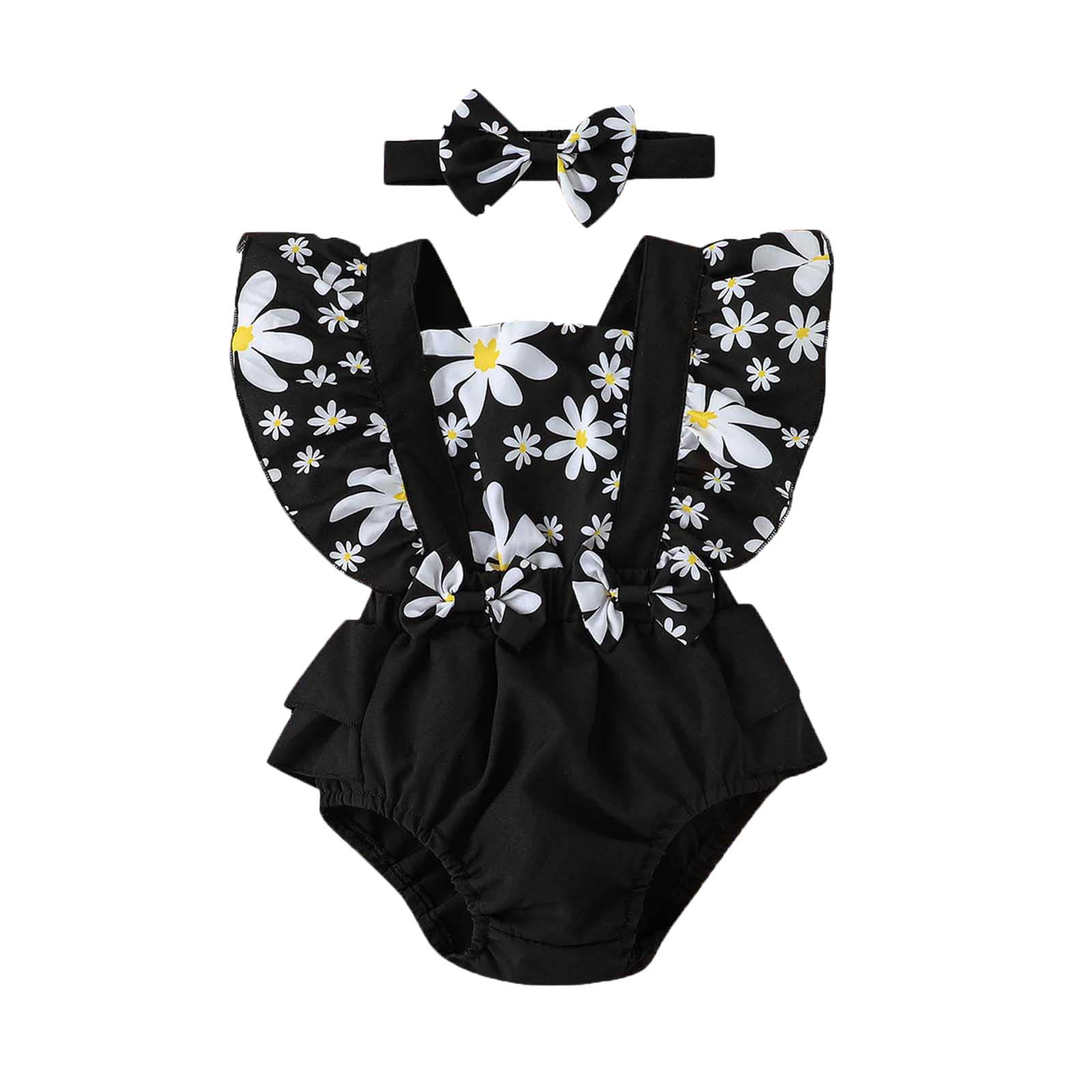 IKFIVQD Baby Girls Romper - Ruffled Sleeves Floral Print Bow Backless Bodysuit with Headband Outfit (Black) | Perfect for Photoshoots, Parties & Casual Wear