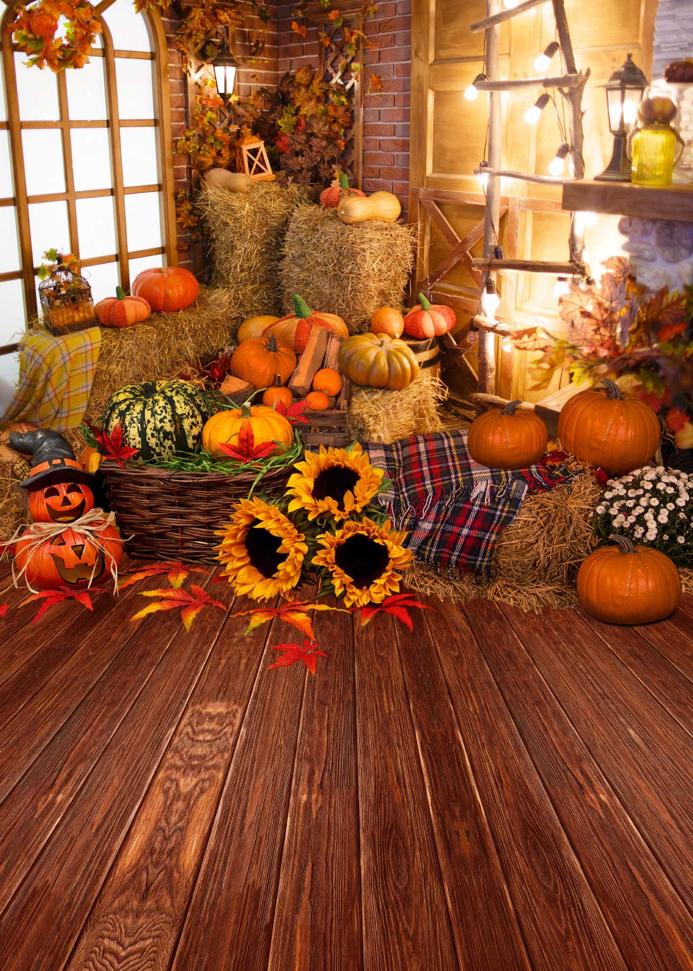 6x8FT Thanksgiving Halloween Fall Photo Backdrop - Pumpkin Vinyl Background with Wooden Floor, Barn, Autumn Pumpkins, Maple Leaves & Sunflowers for Kids Parties, Family Portraits & Seasonal Decorations (SCO195B)