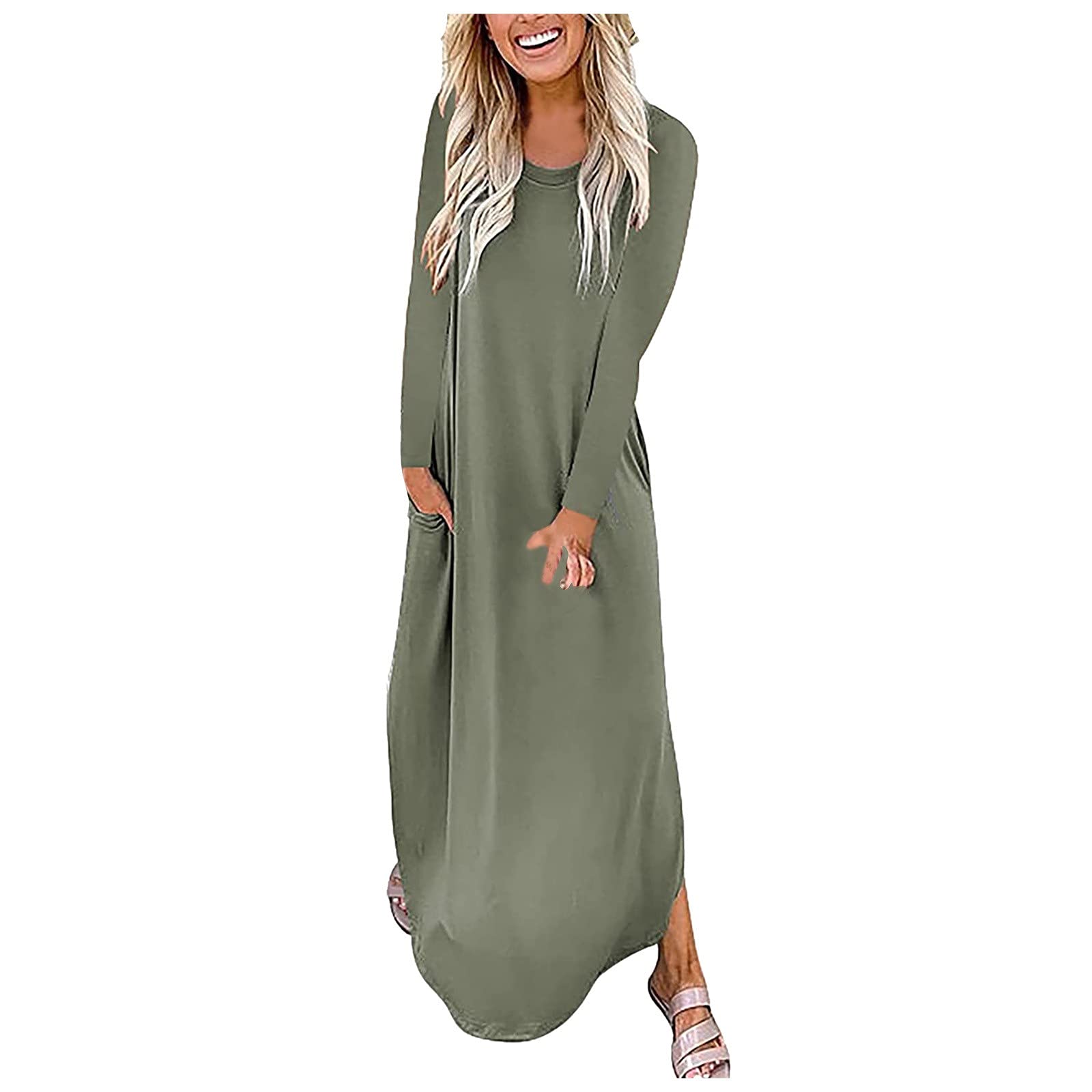 Women's Long Sleeve Casual Maxi Dress with Pockets - Loose Plain Lounge Dress with Side Split - Perfect for Everyday Wear, Travel & Relaxation