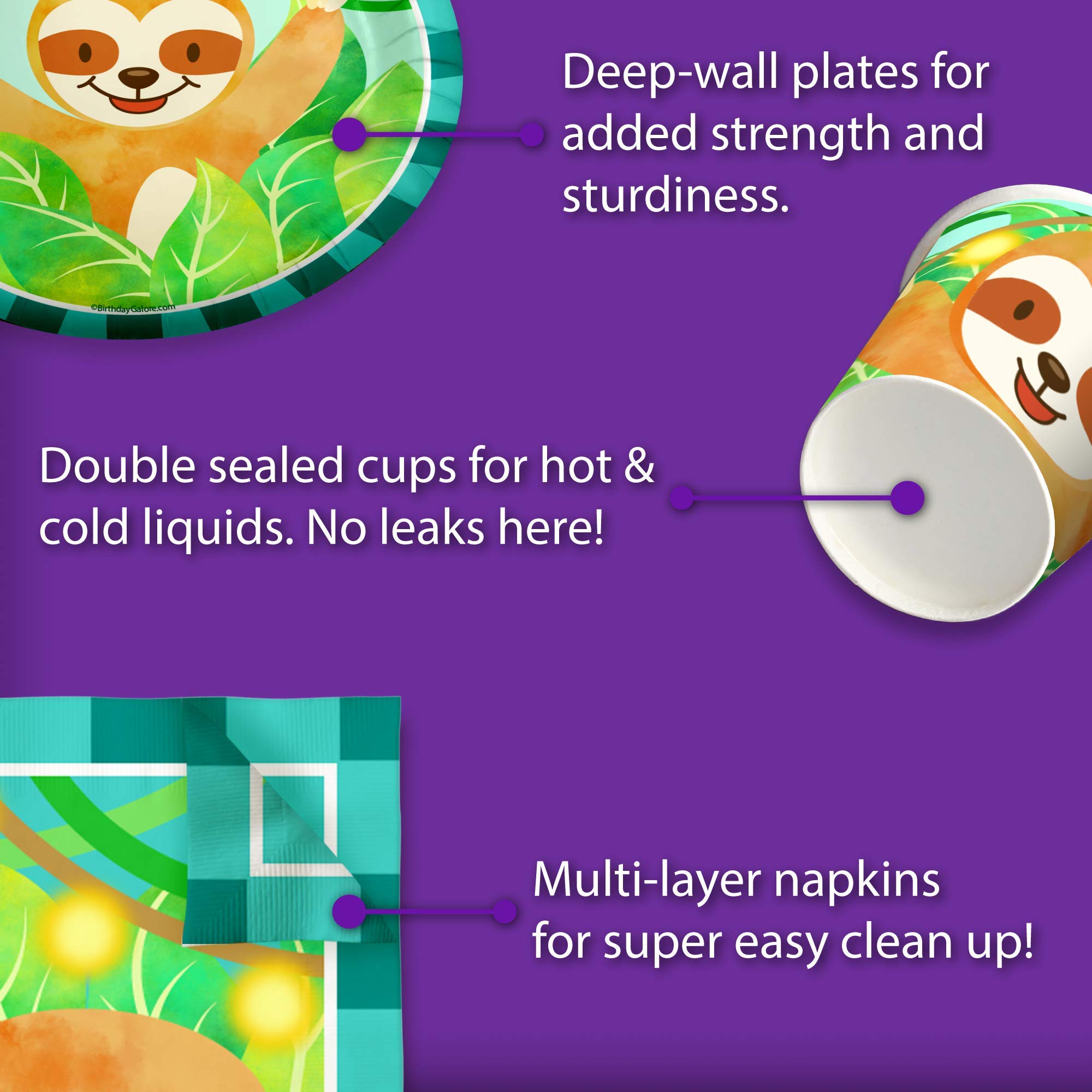 Sloth Themed Birthday Party Supplies Set - 16-Piece Tableware Kit with Plates, Napkins & Cups for Kids' Party Decorations | Perfect for Sloth Lover's Birthday, Baby Shower & Themed Celebrations