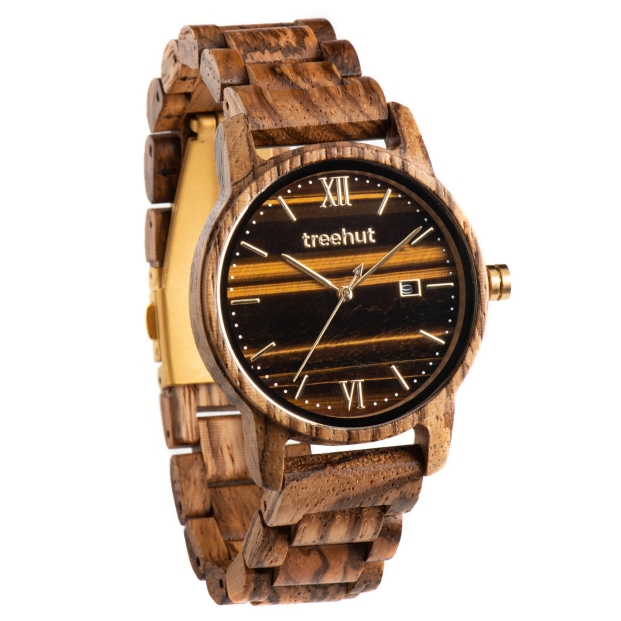 Premium Wooden Watch for Men - Real Wood Strap with Stainless Steel Clasp & Silver Hands - Japanese Quartz Analog Watch with Date Display - Eco-Friendly Wooden Wristwatch in Gift Box - Perfect for Business, Casual Wear & Outdoor Adventures