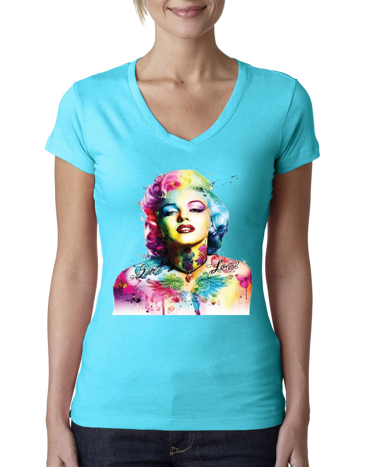 Vibrant Marilyn Monroe Pop Art V-Neck T-Shirt for Women - Retro Pop Culture Graphic Tee | Junior Fit Casual Wear for Concerts, Parties & Everyday Fashion