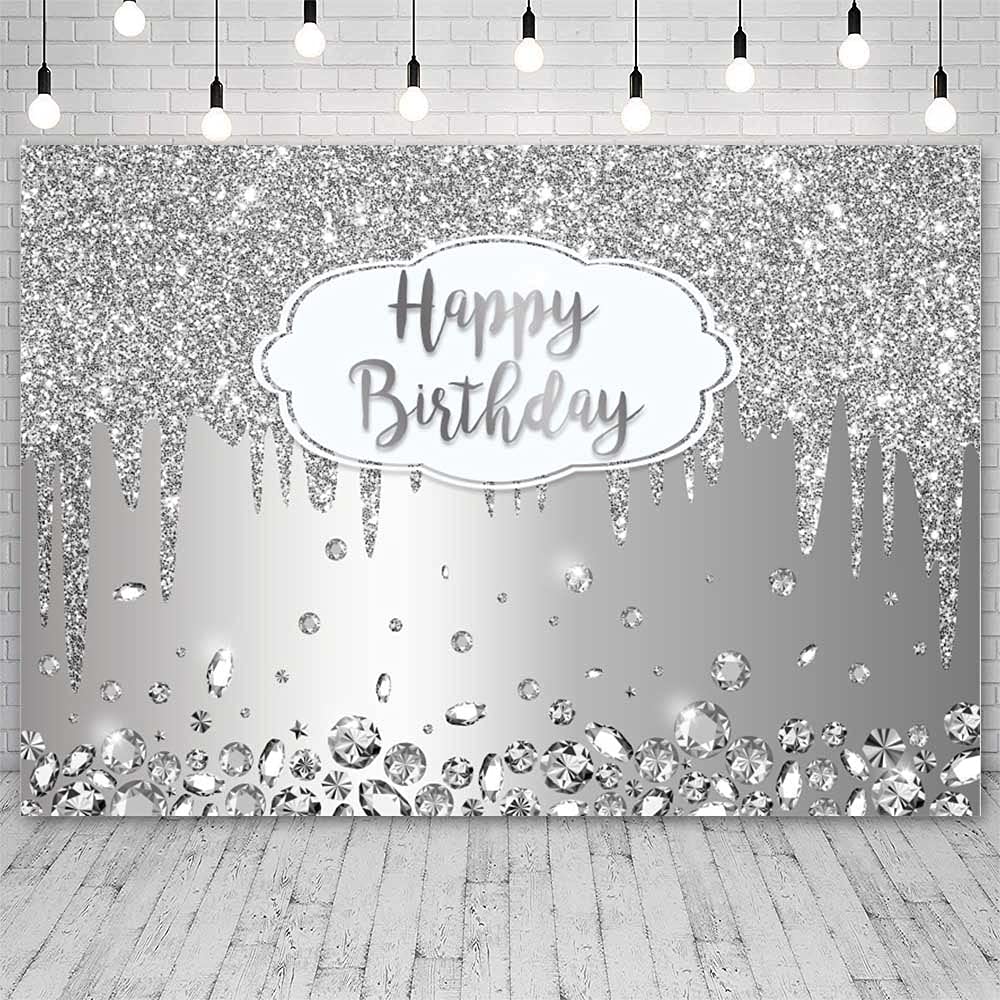8x6ft Happy Birthday Backdrop - Dripping Glitter Crystal Diamond Silver Photo Background for Girls & Women | Bday Party Decorations, Cake Table Banner, Wall Decor Props | Perfect for Birthday Parties, Baby Showers & Photo Booths