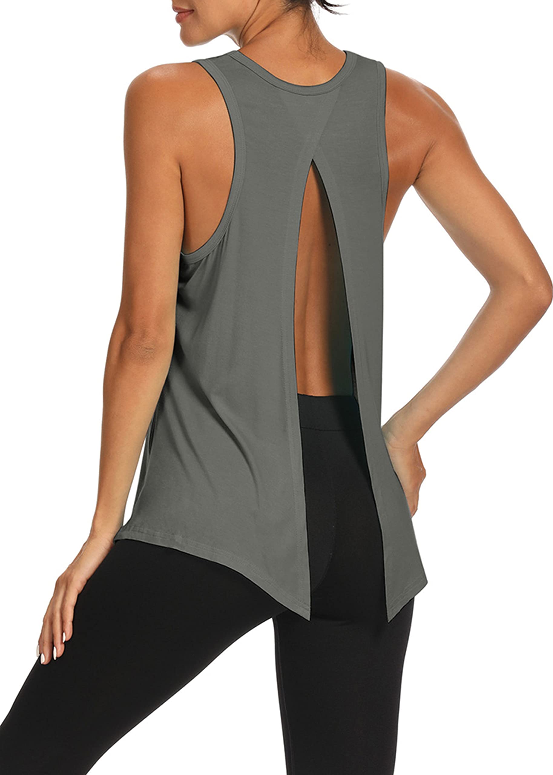 Bestisun Open Back Yoga Top - Gym Workout Tank for Women, Dark Gray XL
