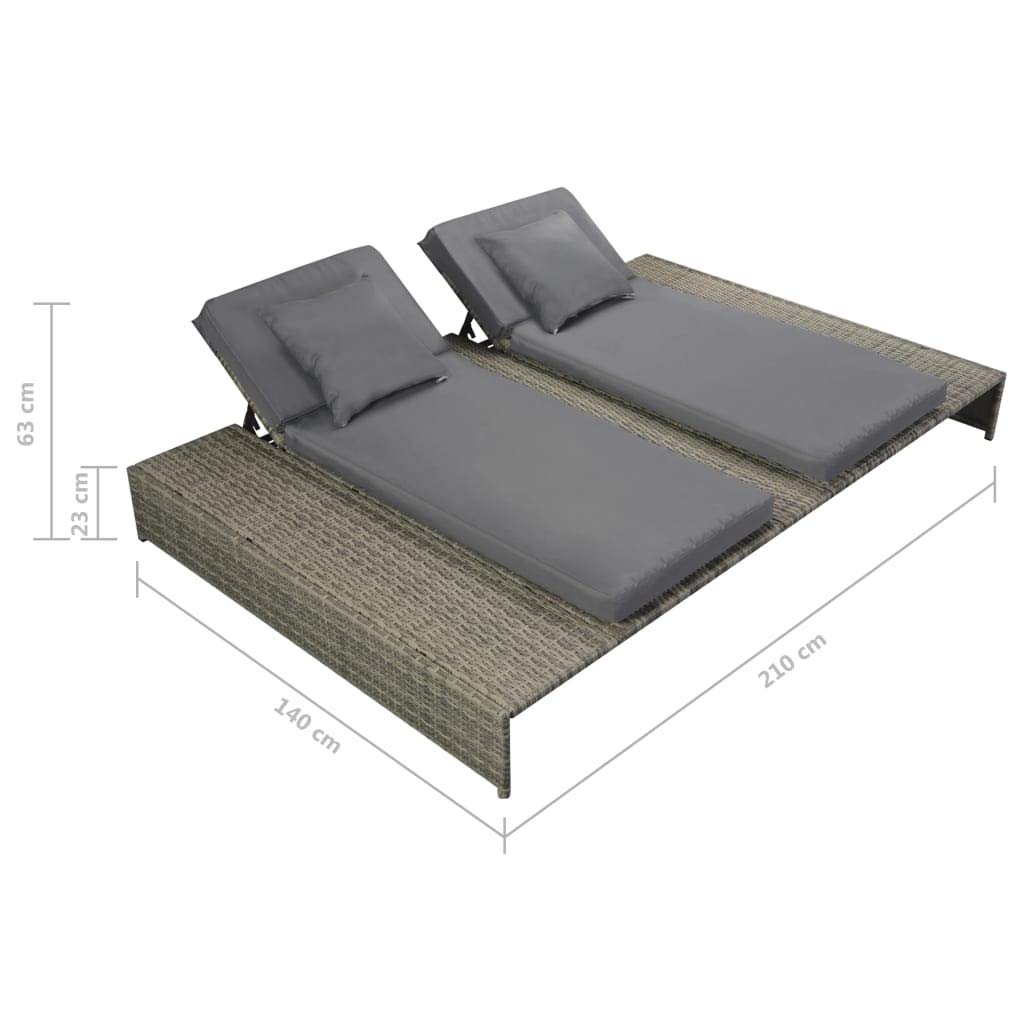 Adjustable Double Sun Lounger with Cushion - Gray Poly Rattan Outdoor Patio Lounge Chair for Garden, Poolside & Backyard Relaxation