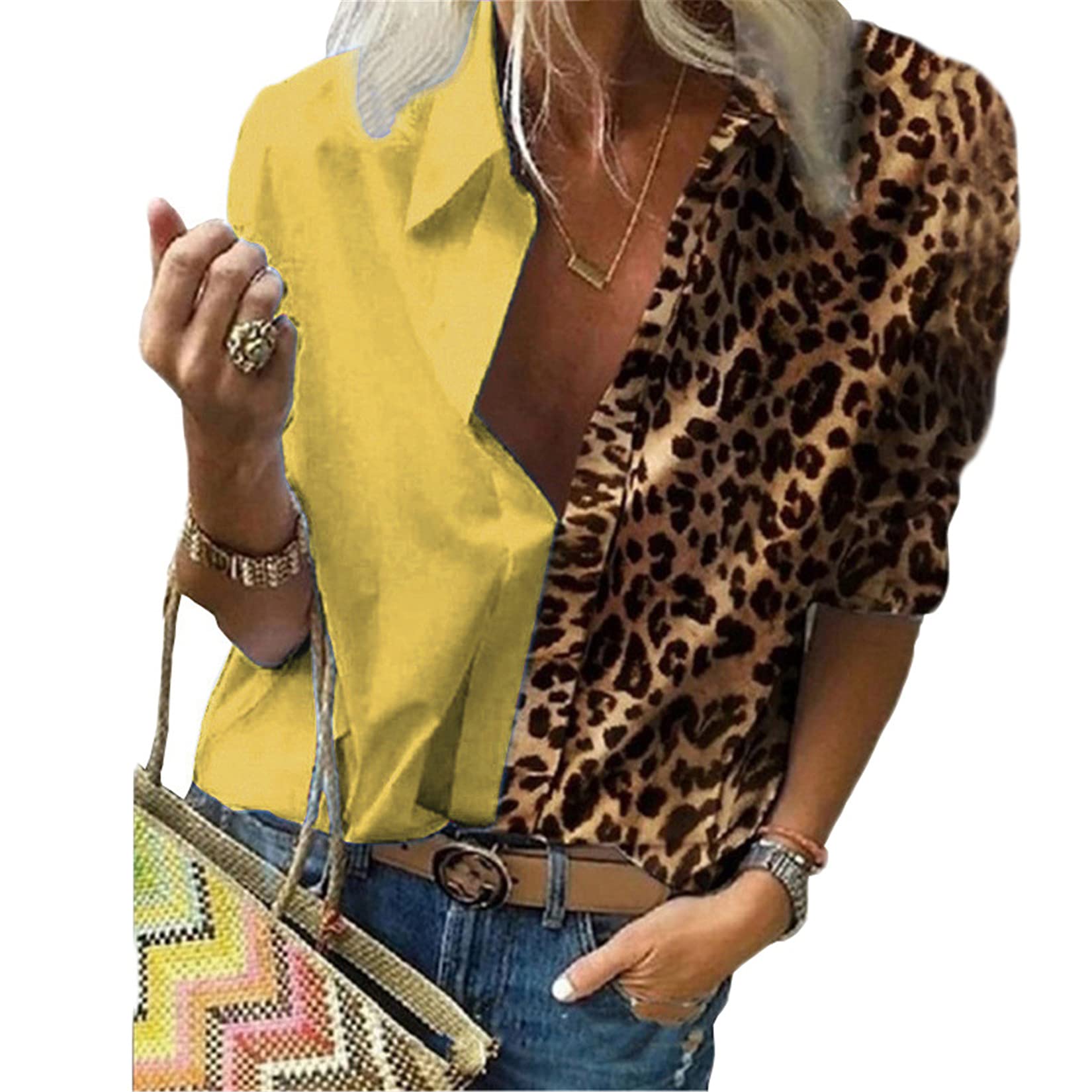 Andongnywell Women's Long Sleeve Blouse - Sexy V Neck Leopard Print Loose Wrap Shirt Tops for Casual Wear, Office, Date Night & Party Outfits
