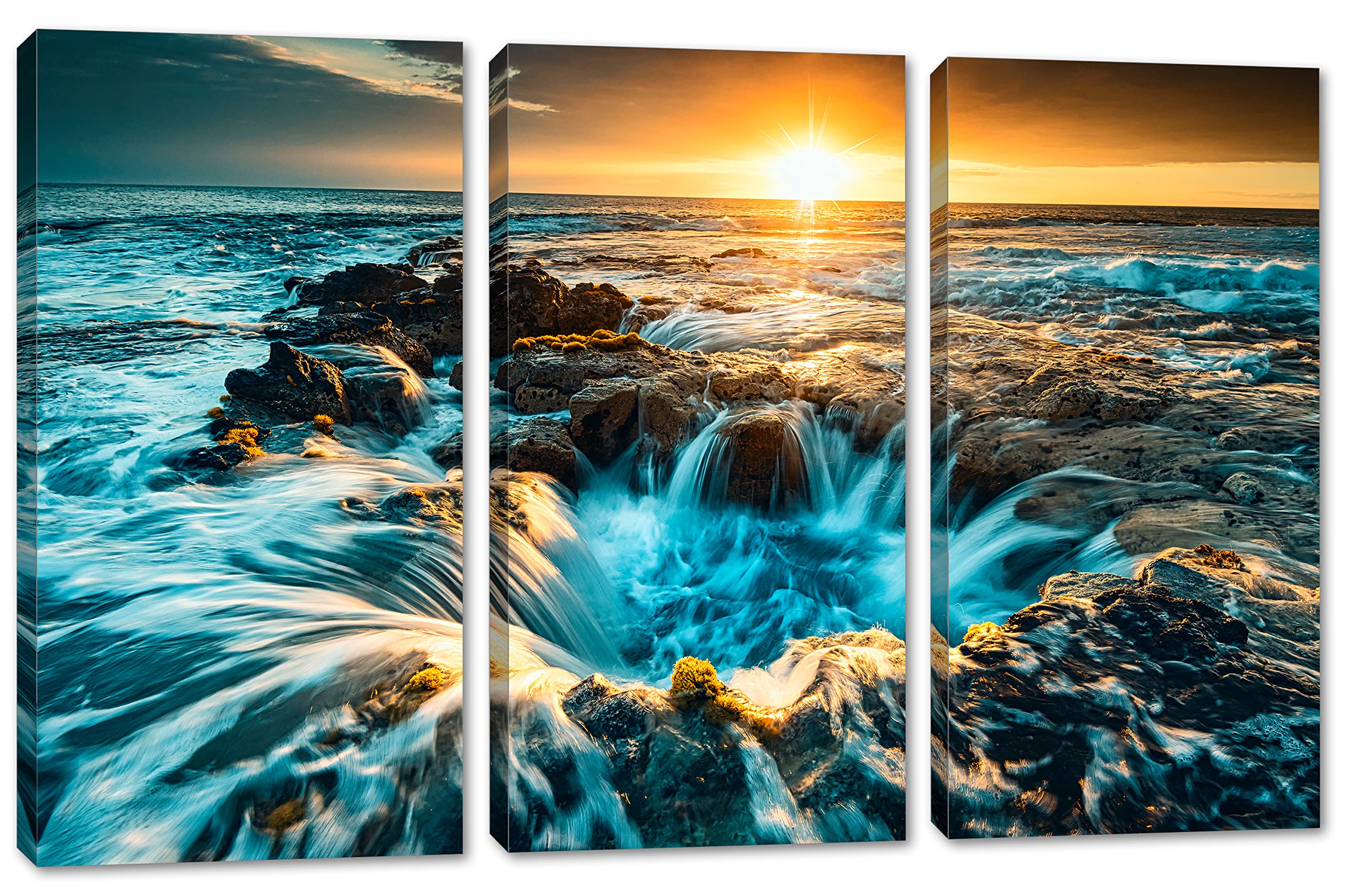 48x32 TOTAL - Pools of Paradise Canvas Print Wall Art Sunset 3 Panel Split Big Island Hawaii Coast - Perfect for Living Room, Bedroom & Office Decor