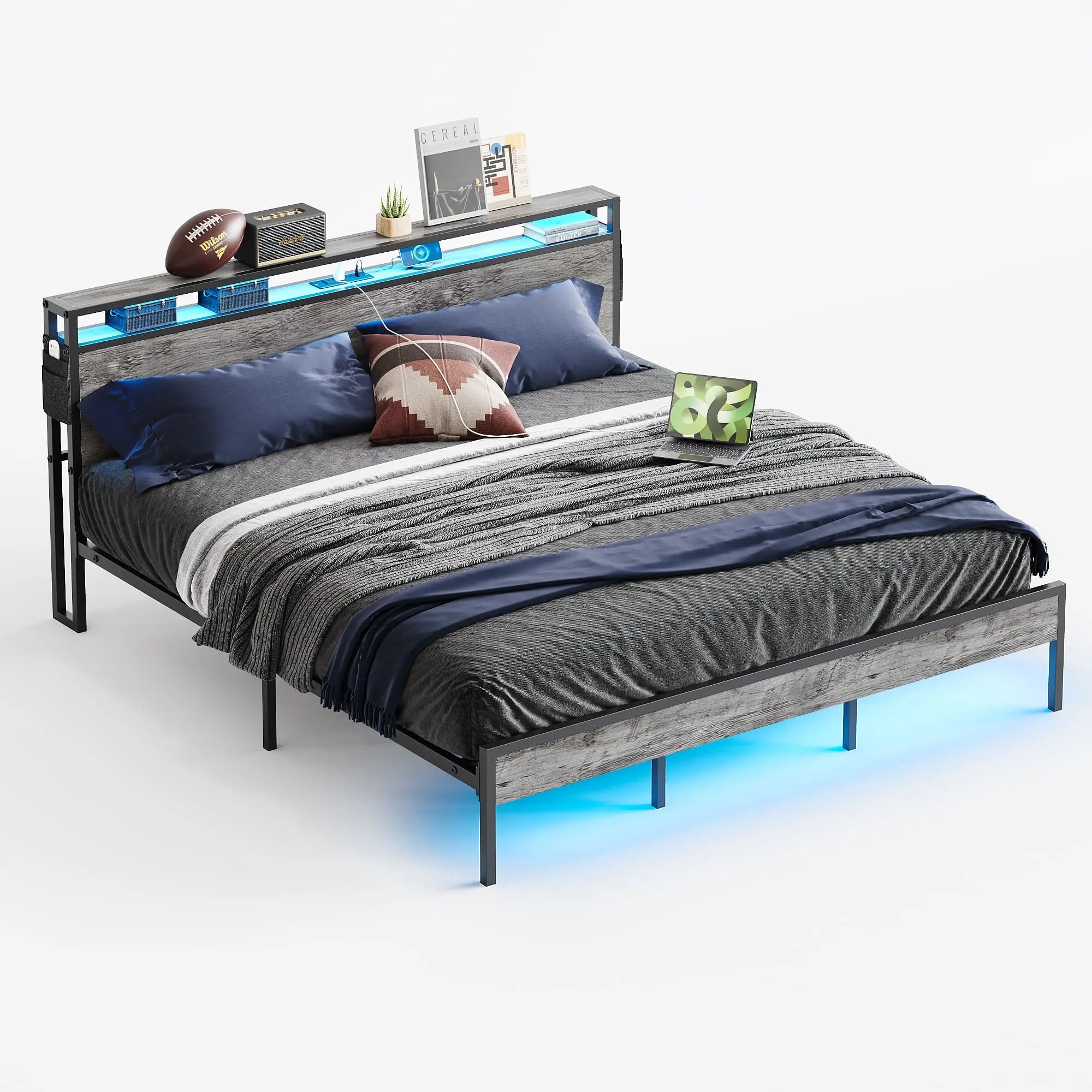Bestier LED King Size Bed Frame with Headboard and USB Ports - Modern Platform Bed for Bedroom, Home Decor, and Relaxation