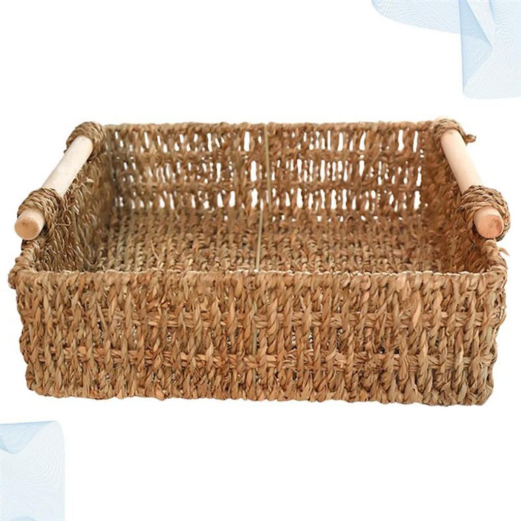 SEIJY Straw Basket with Wooden Handle - 25x25x7CM Home Decor, Desktop Organizer, Cosmetic Storage, Sundries & Key Holder - Perfect for Bathroom, Bedroom, Office, and Gift Giving