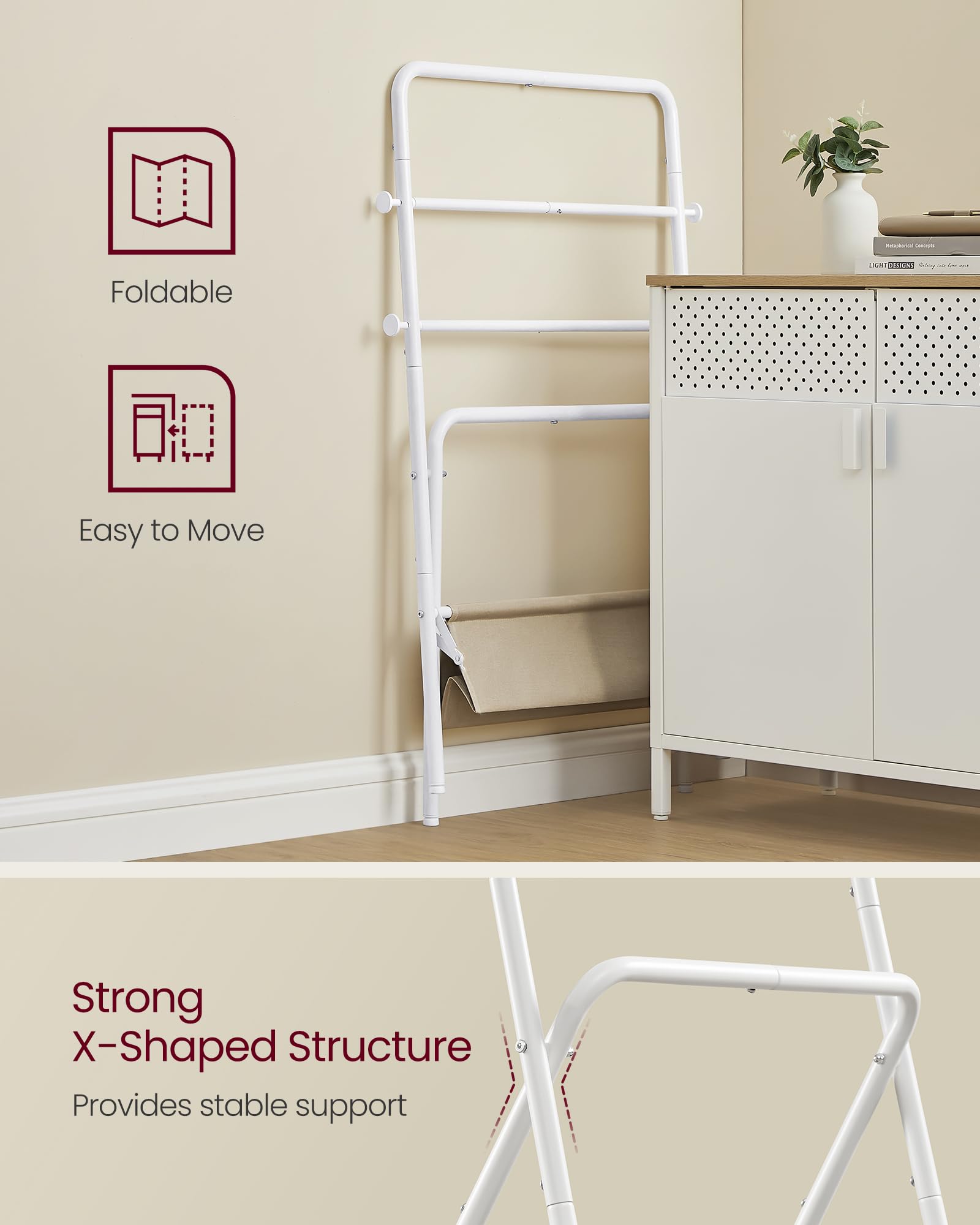 VASAGLE Freestanding Towel Rack with 4 Hooks, Foldable Blanket Holder & Fabric Basket, 39 Inch Height, Pearl White & Camel Brown - Perfect for Bedroom, Living Room & Bathroom Organization | Space-Saving Storage Solution for Towels, Blankets & Clothes