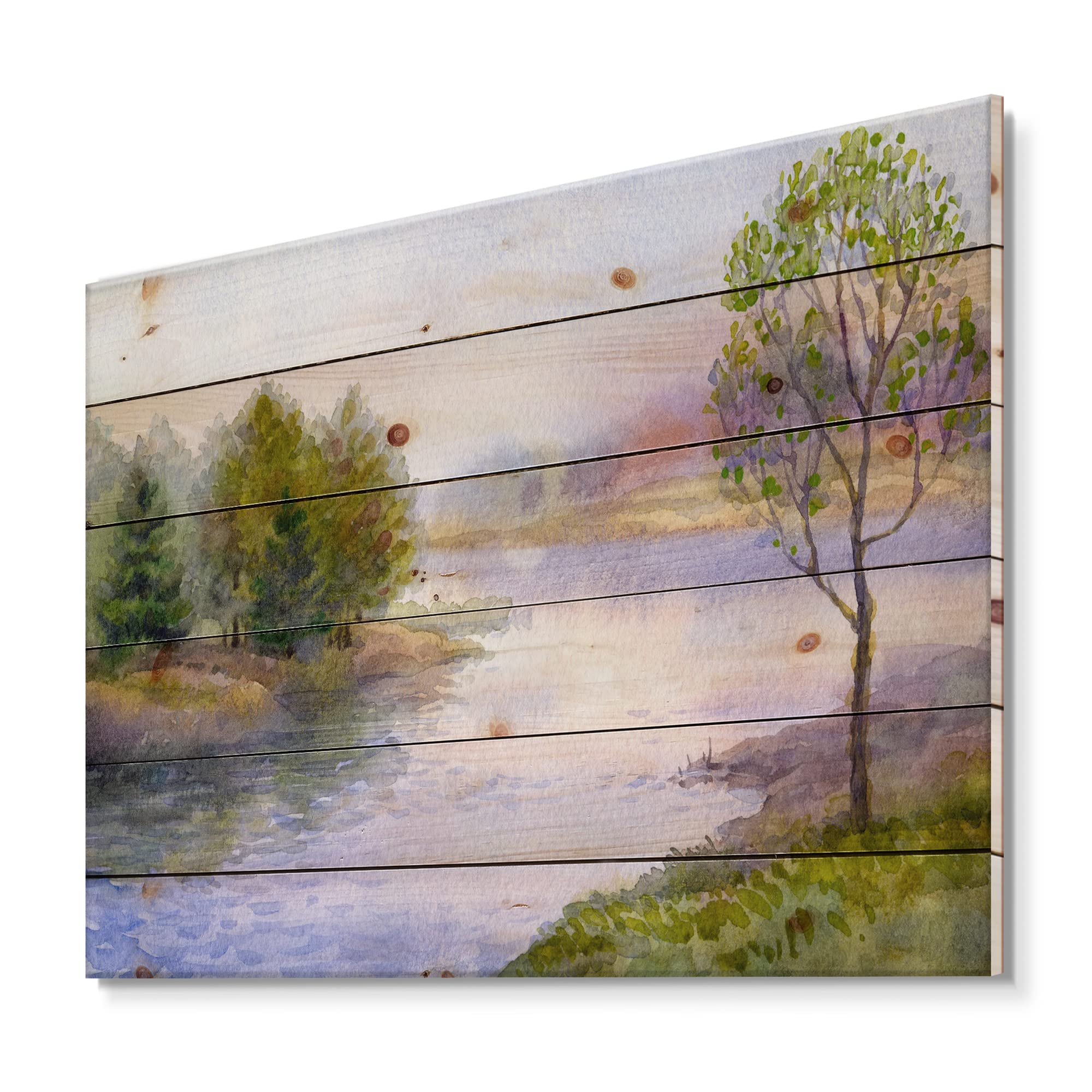 DesignQ Single Tree On The Bank Of River Lake House Wood Wall Decor - Green Wood Wall Art - Large Landscape Wood Panels Printed On Natural Pine - Perfect for Living Room, Bedroom & Office Decoration