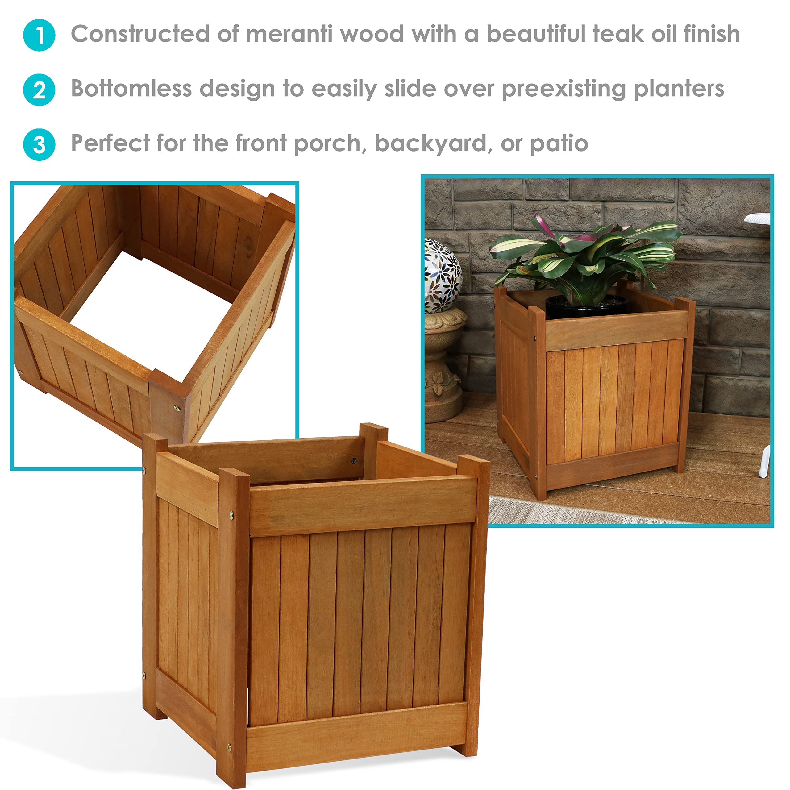 Sunnydaze 16-Inch Square Meranti Wood Planter Box with Teak Oil Finish - Set of 2 for Indoor/Outdoor Garden, Patio, and Balcony Decor