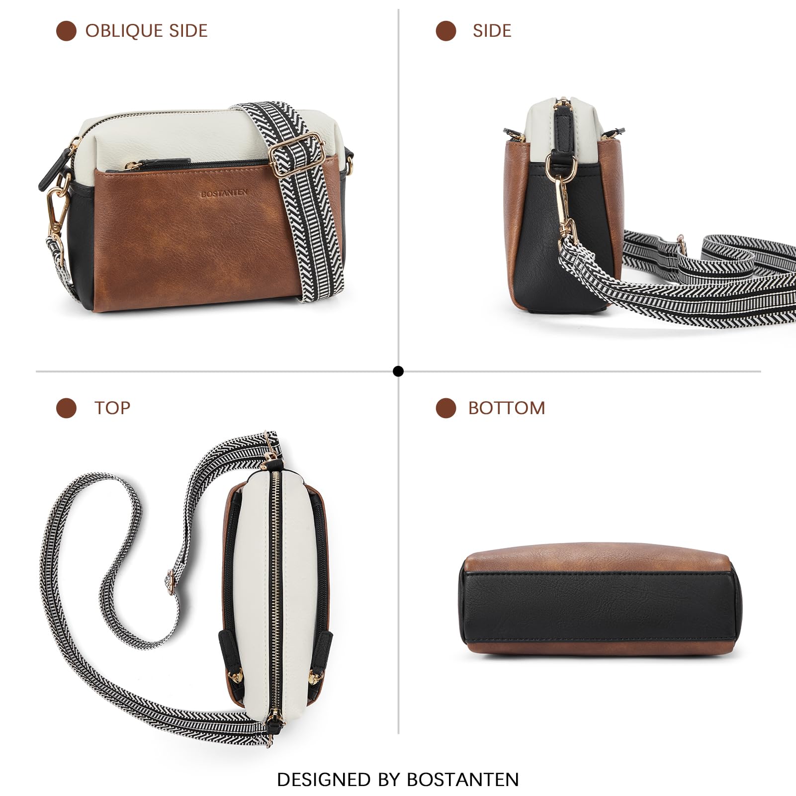 BOSTANTEN Women's Small Crossbody Bag with Triple Zip - Leather Phone Purse with Adjustable Color Shoulder Strap | Perfect for Travel, Shopping & Everyday Use