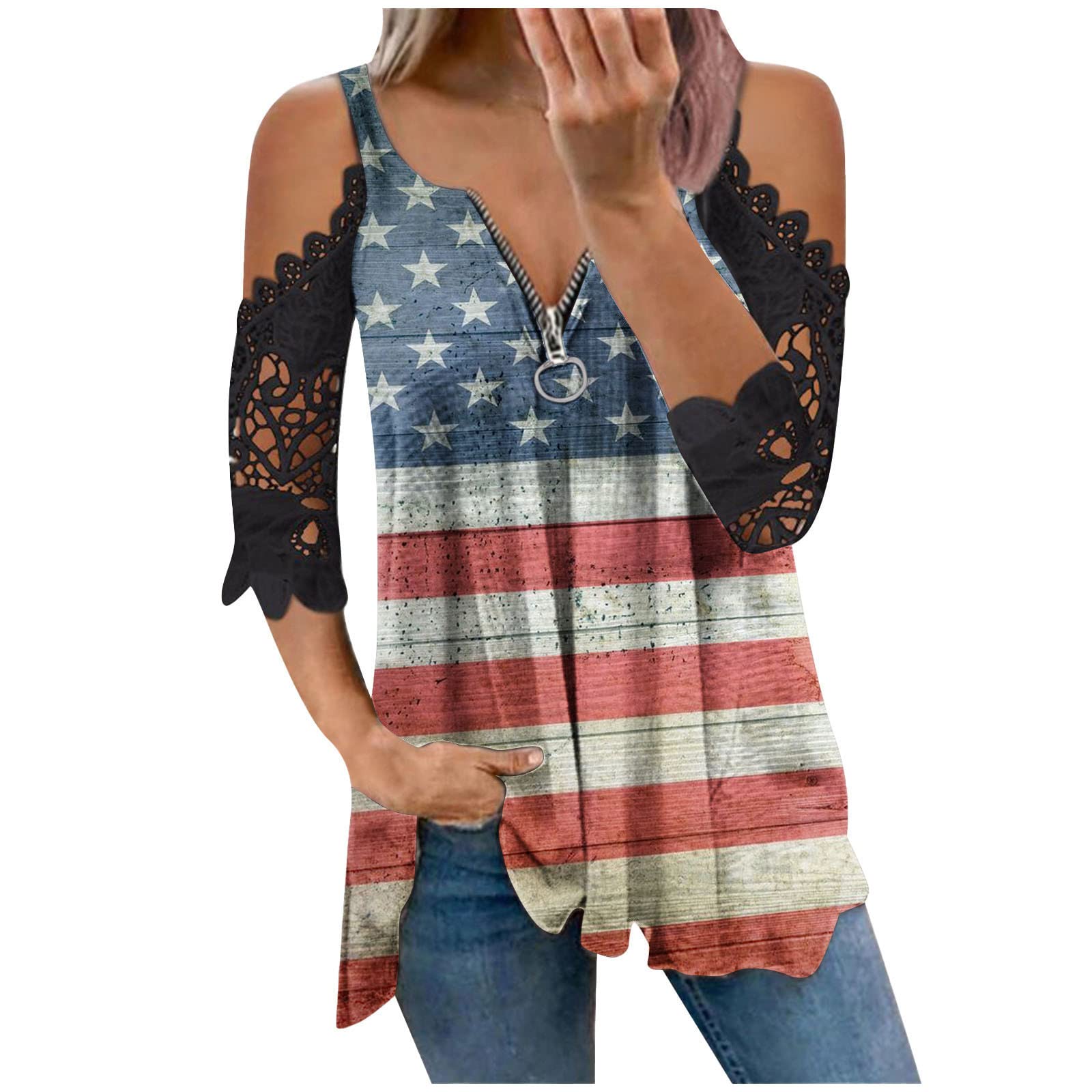 TUNUSKAT Women's 4th of July Cold Shoulder Tops - Distressed American Flag Tunic Shirts for Casual Patriotic Outfits | Perfect for Independence Day Celebrations, BBQ Parties & Summer Festivals