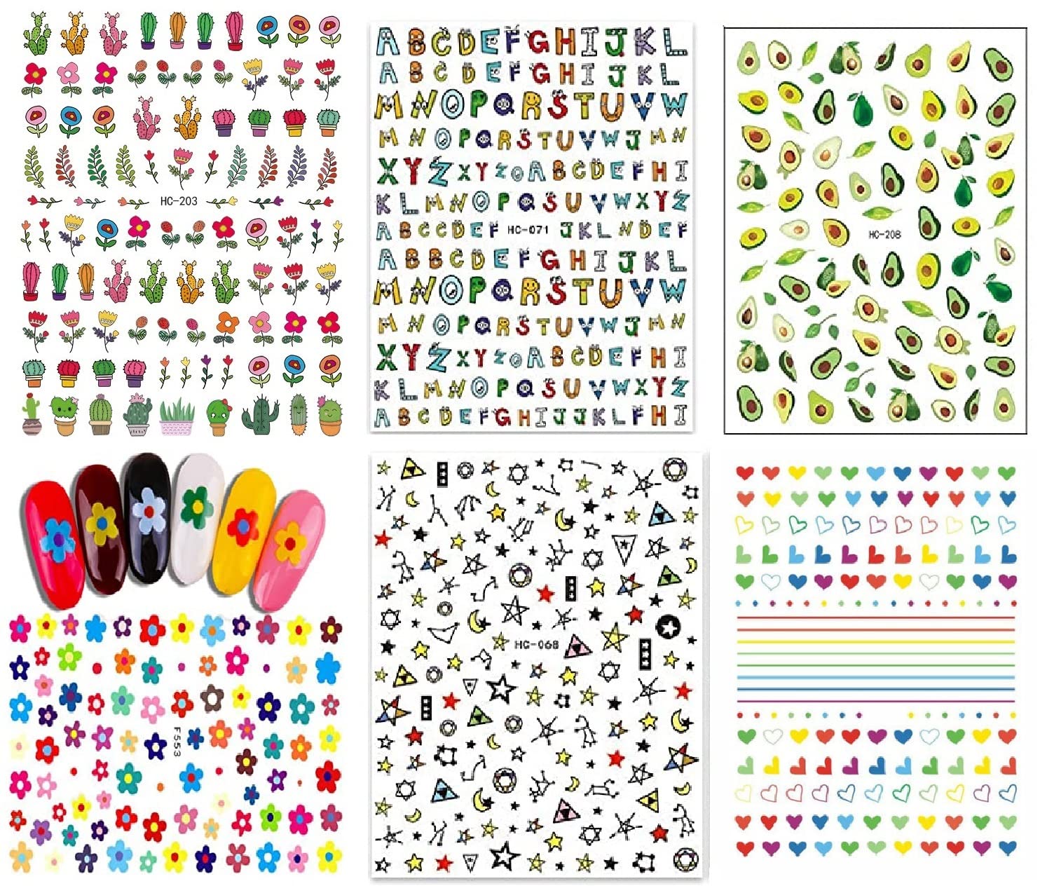 6 Sheets Nail Art Stickers for Kids - Flower, Avocado, Heart Star & Alphabet Designs - Multicolor Nail Decals & Transfers - Perfect for DIY Nail Art, Parties & Gifts