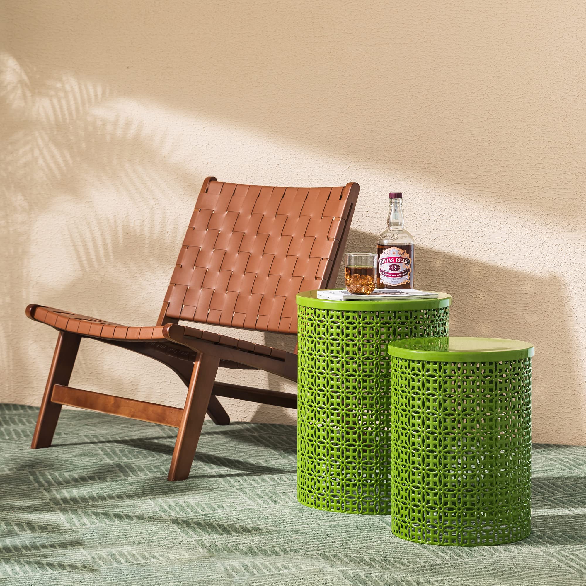 Glitzhome 2-Piece Outdoor Side Table Set - Heavy Duty Metal Frame Garden Stool for Indoor & Outdoor Use, Modern Glossy Green Accent End Table | Perfect for Patio, Deck, Poolside & Living Room Decor