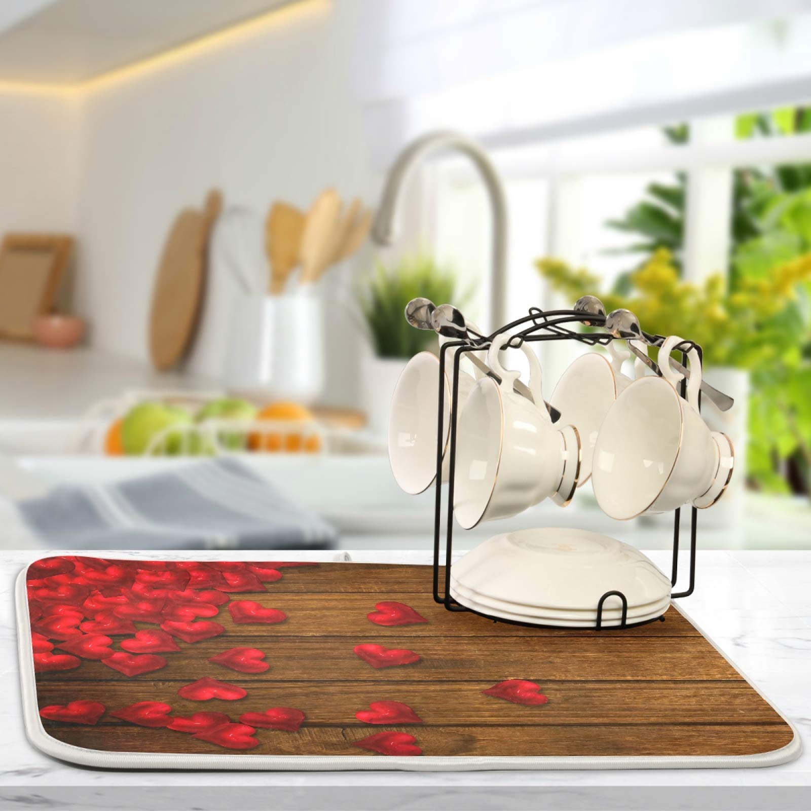 Premium Microfiber Dish Drying Mat - 18x16 Inch Absorbent Kitchen Counter Mat with Red Heart Design on Wooden Board, Reversible Dish Drainer for Plates & Bottles | Perfect for Kitchen Countertops, Sink Areas & Dish Drying Stations