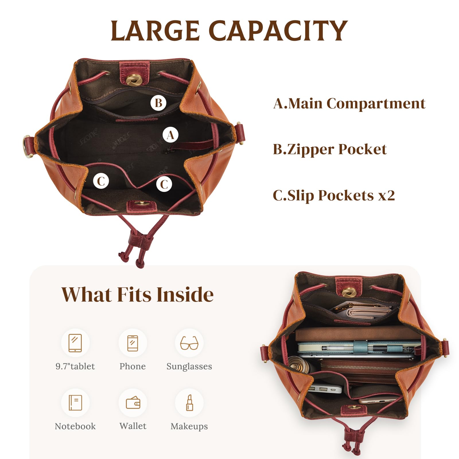 Genuine Leather Bucket Bag for Women - Drawstring Crossbody Purse with Adjustable Shoulder Strap & Top Handle | Perfect for Work, Travel & Everyday Use