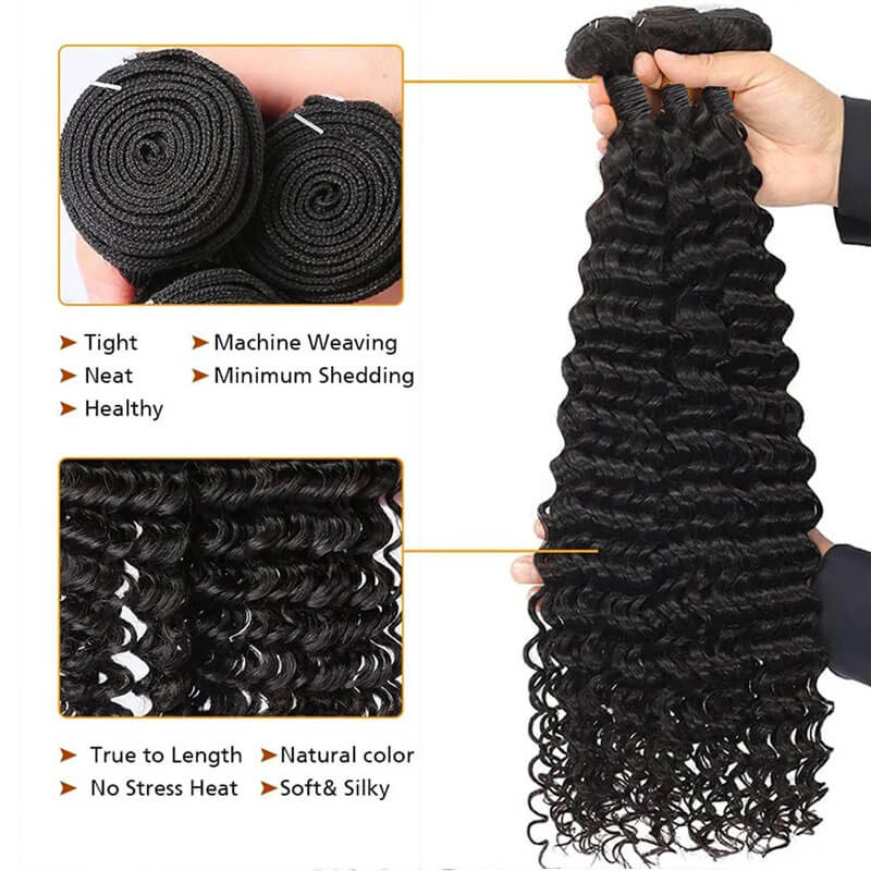Eullair 10A Virgin Human Hair Bundles - 3/4 PCS Deep Wave Weave for Black Women | Perfect for Protective Styles, Wig Making & Everyday Wear