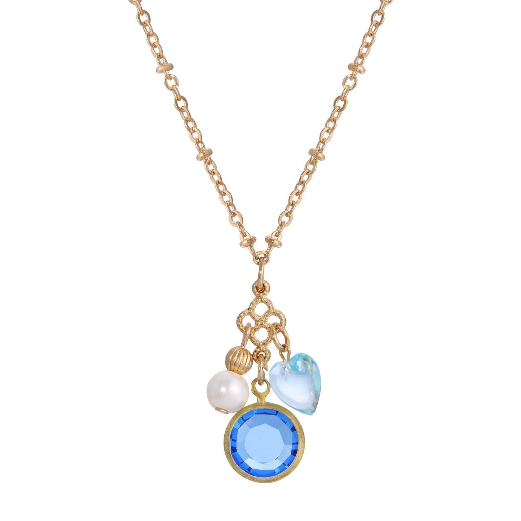 1928 Jewelry Channel Crystal Heart & Pearl Charm Pendant Necklace - 16