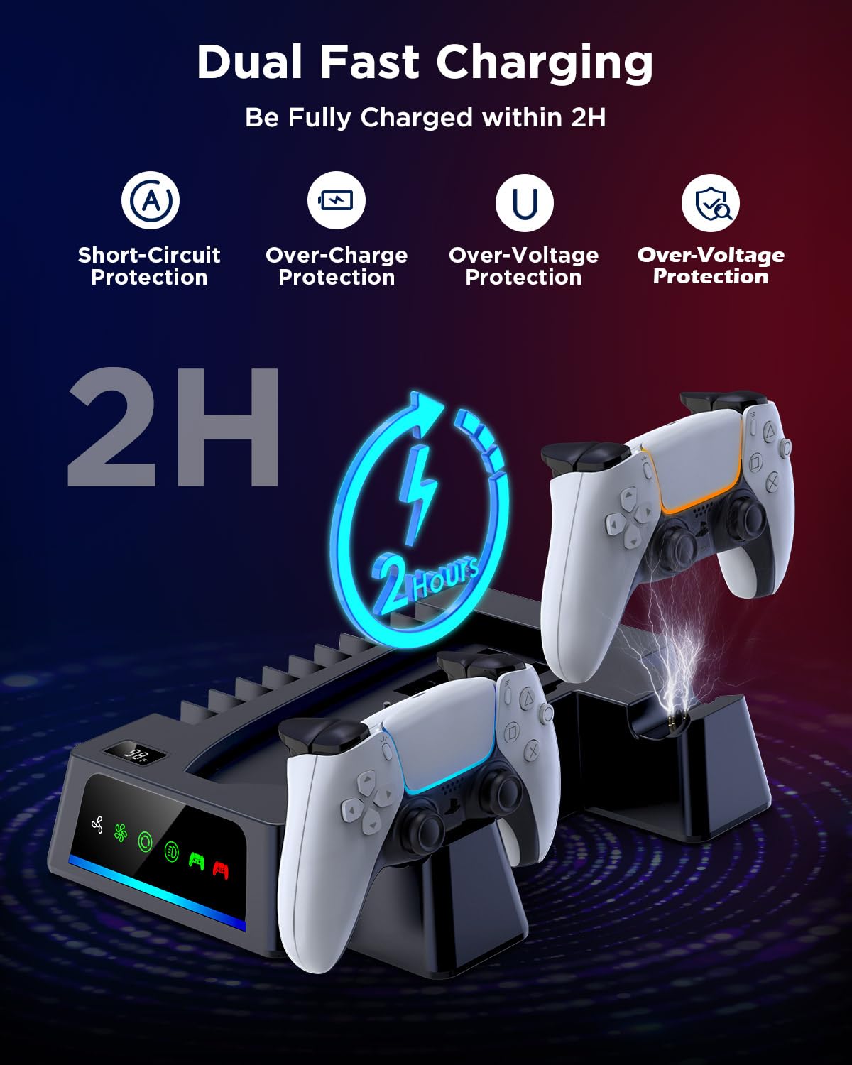 YOGES PS5 Slim Cooling Stand with Dual Controller Charger & Temperature Sensor - Fast 2H Charging Station, Cooling Fan Accessories for PlayStation 5 Slim (Black) - Perfect for Gaming Sessions & Controller Organization
