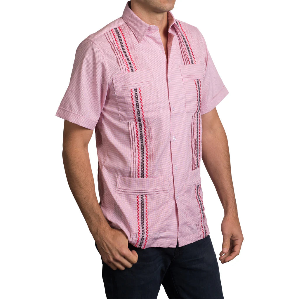 Can Cristobal Red Check Short Sleeve Guayabera Shirt for Men - Casual Summer Wear, Beach Vacation, and Tropical Party Outfit