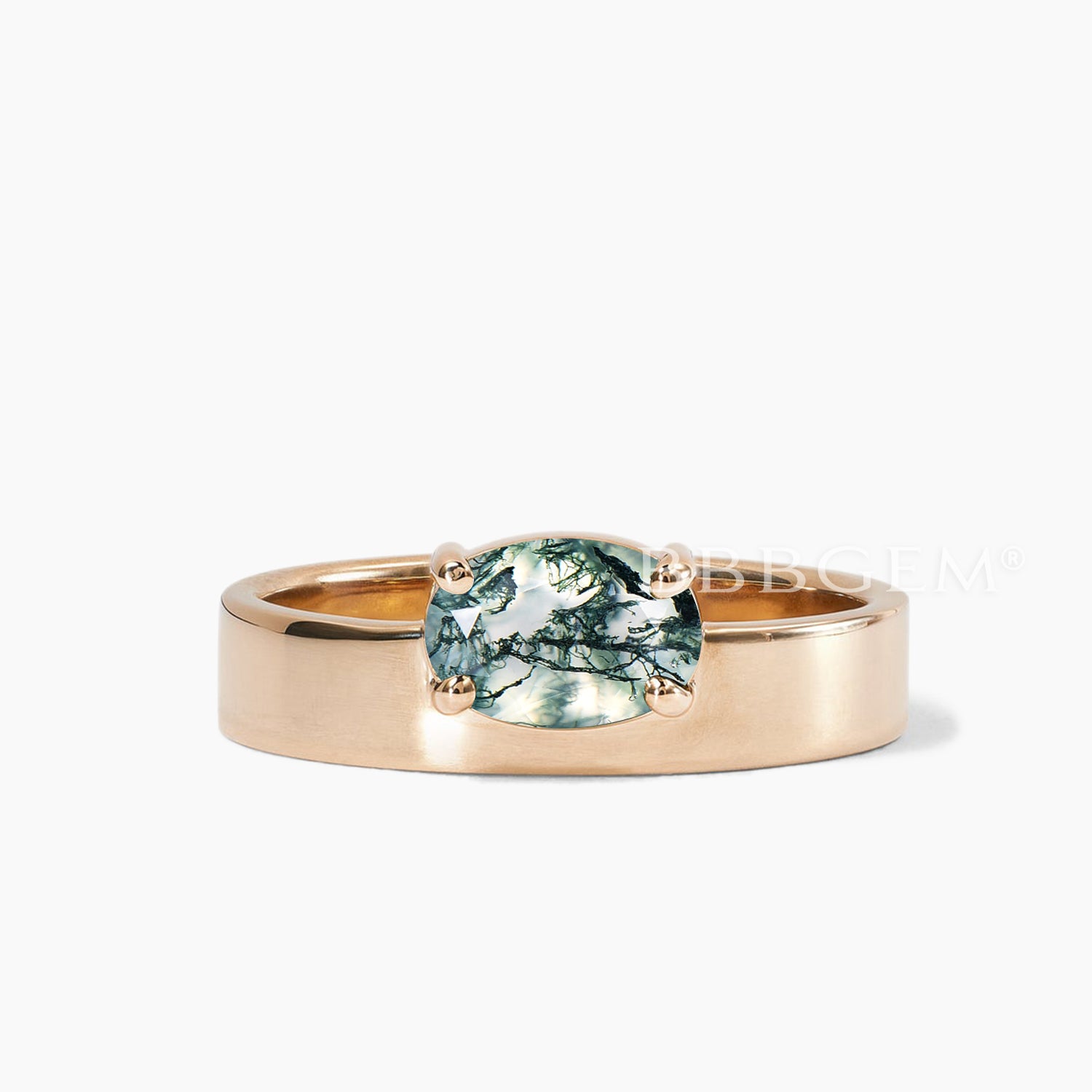 Natural Moss Agate Oval Cut Cigar Band Ring for Women - Dainty East to West Horizontal Design | Perfect for Stacking, Everyday Wear & Boho Jewelry Collection