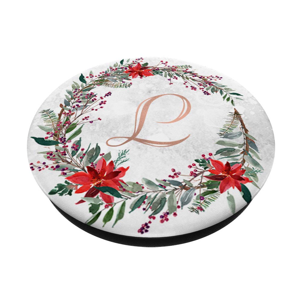 Rose Gold Monogram Letter L Christmas Wreath PopSocket - Custom Phone Grip & Stand for iPhone, Samsung - Perfect Holiday Gift & Home Decor Accessory