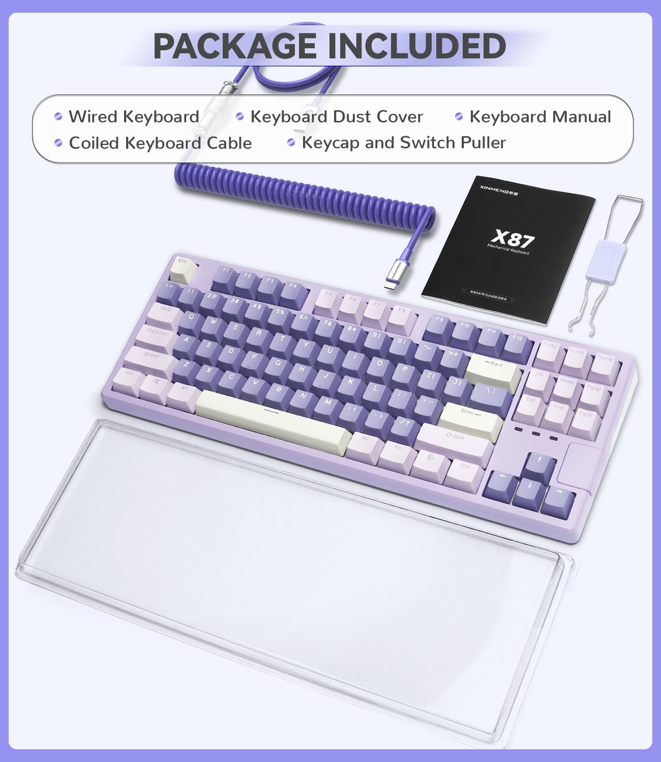 AK873PRO-XINMENG X87 75% Wired Gaming Keyboard with Custom Pre-Lubed Switches | TKL 80% Gasket Mount Mechanical Keyboard | LIGHTSYNC RGB Backlit | 87-Key Compact Design | PBT Keycaps | USB-C Coiled Cable for PC & Mac (Purple) - Perfect for Esports, Typing & Office Work