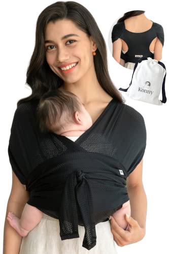 Konny Baby Carrier AirMesh Wrap - Lightweight & Breathable Baby Sling for Newborns to 44 lbs (Black, Large) | Hands-Free Infant Carrier for Walking, Shopping & Parenting On-The-Go