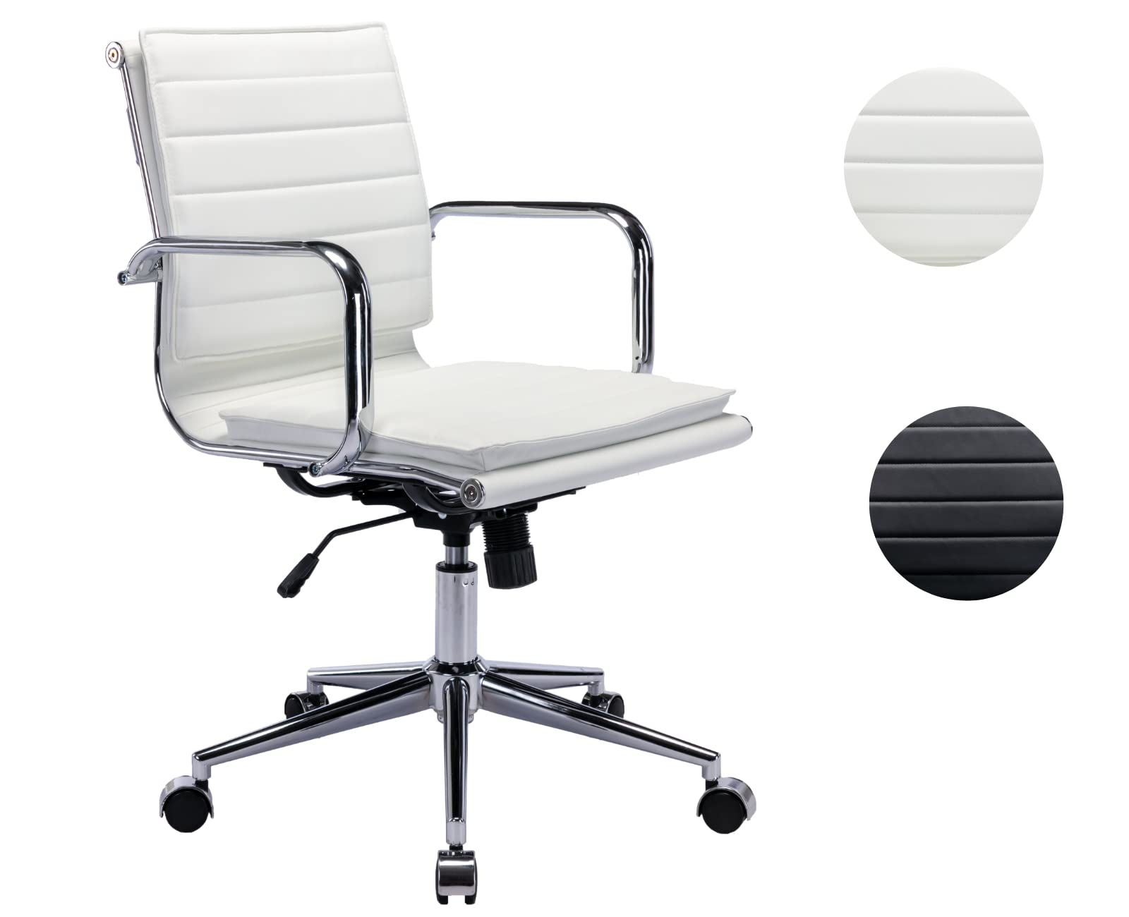 CIMOTA White Leather Office Chair - Ergonomic Mid-Back Desk Chair with Wheels & Chrome Frame for Home Office, Conference Room, Gaming & Study - Comfortable Swivel Task Chair for Teens & Adults
