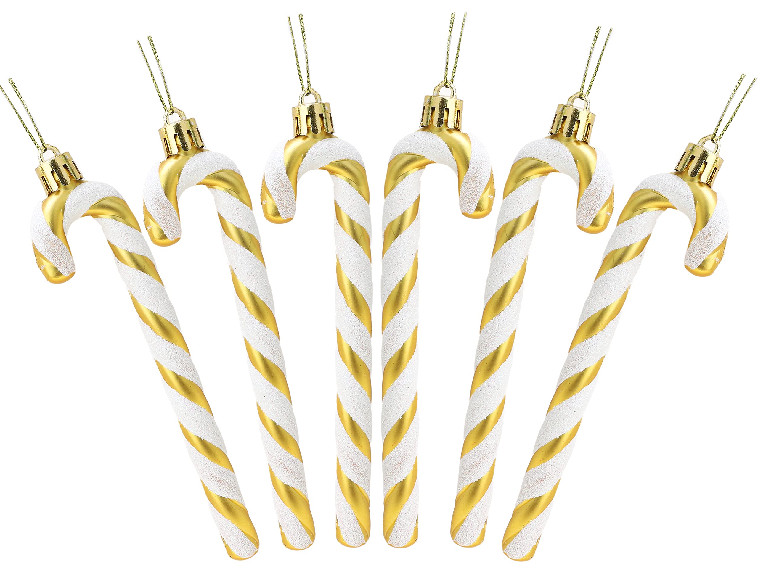 Christmas Tree Decorations - Pack of 6 Glitter Candy Cane Ornaments (13cm, Gold & White) for Holiday Home Decor, Xmas Party & Gift Giving