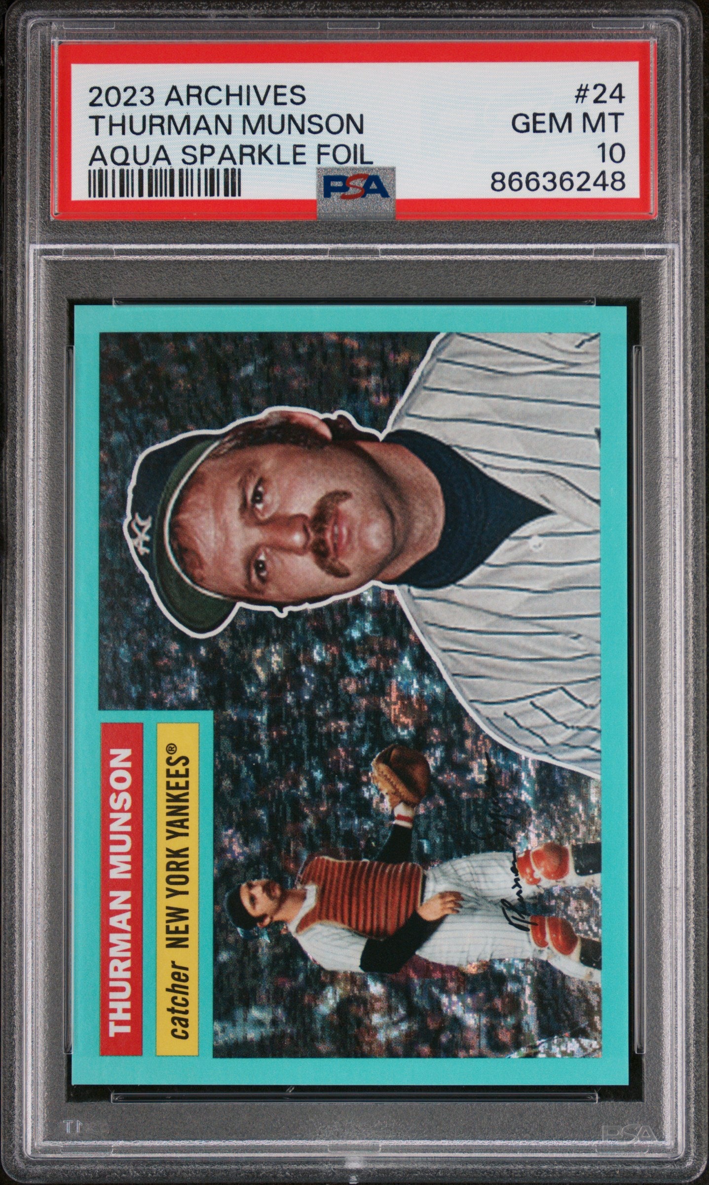 2023 Topps Archives Thurman Munson Aqua Sparkle Foil #24 PSA 10 - Rare Baseball Card for Collectors & Sports Memorabilia Enthusiasts - Perfect for Display, Investment & Gifting