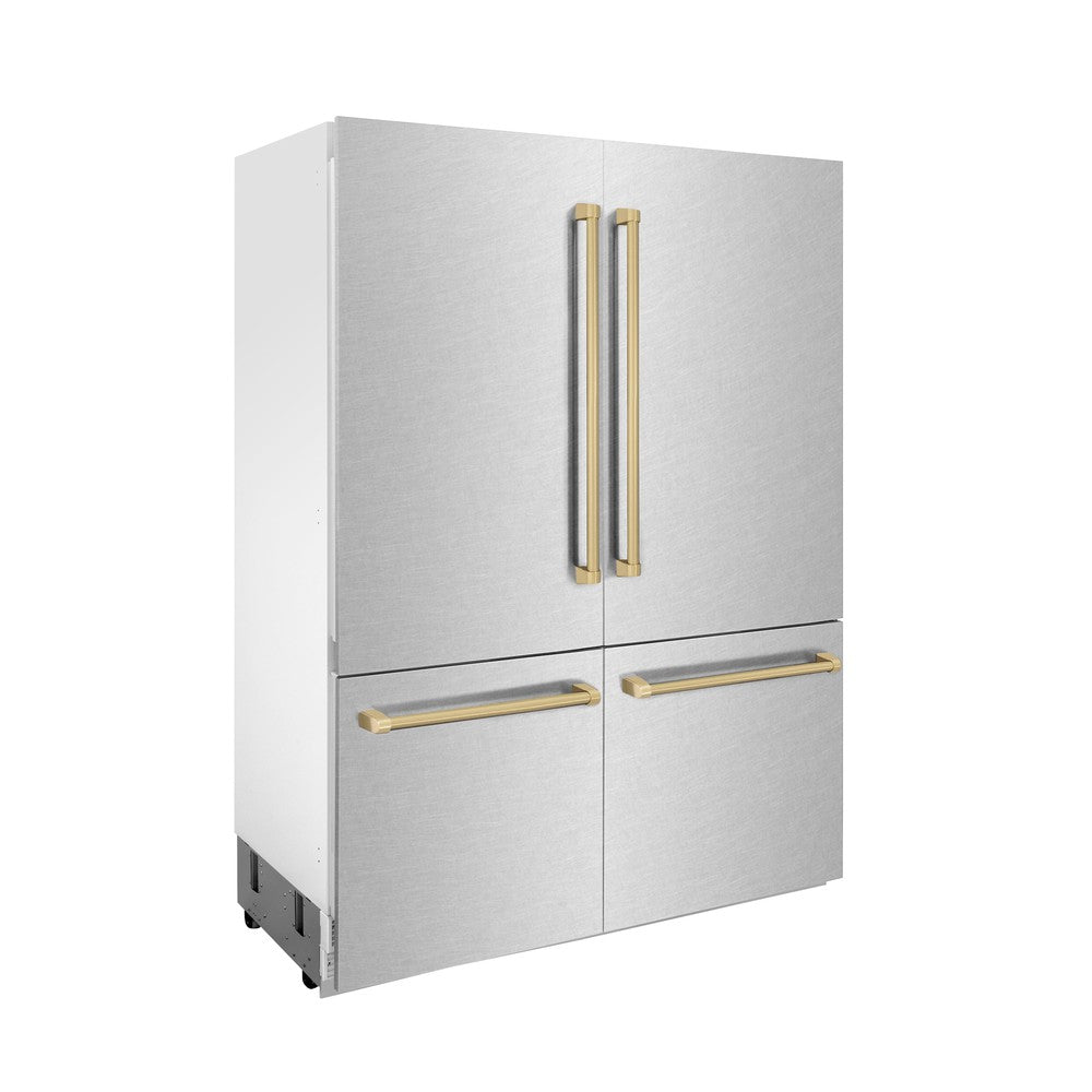 ZLINE Autograph Edition 60-Inch French Door Built-In Refrigerator with Bottom Freezer - 32.2 cu.ft Capacity, Water Dispenser & Ice Maker - Satin Stainless Steel with Champagne Bronze Accents (RBIVZ SN 60 CB) - Perfect for Modern Kitchens & Luxury Homes
