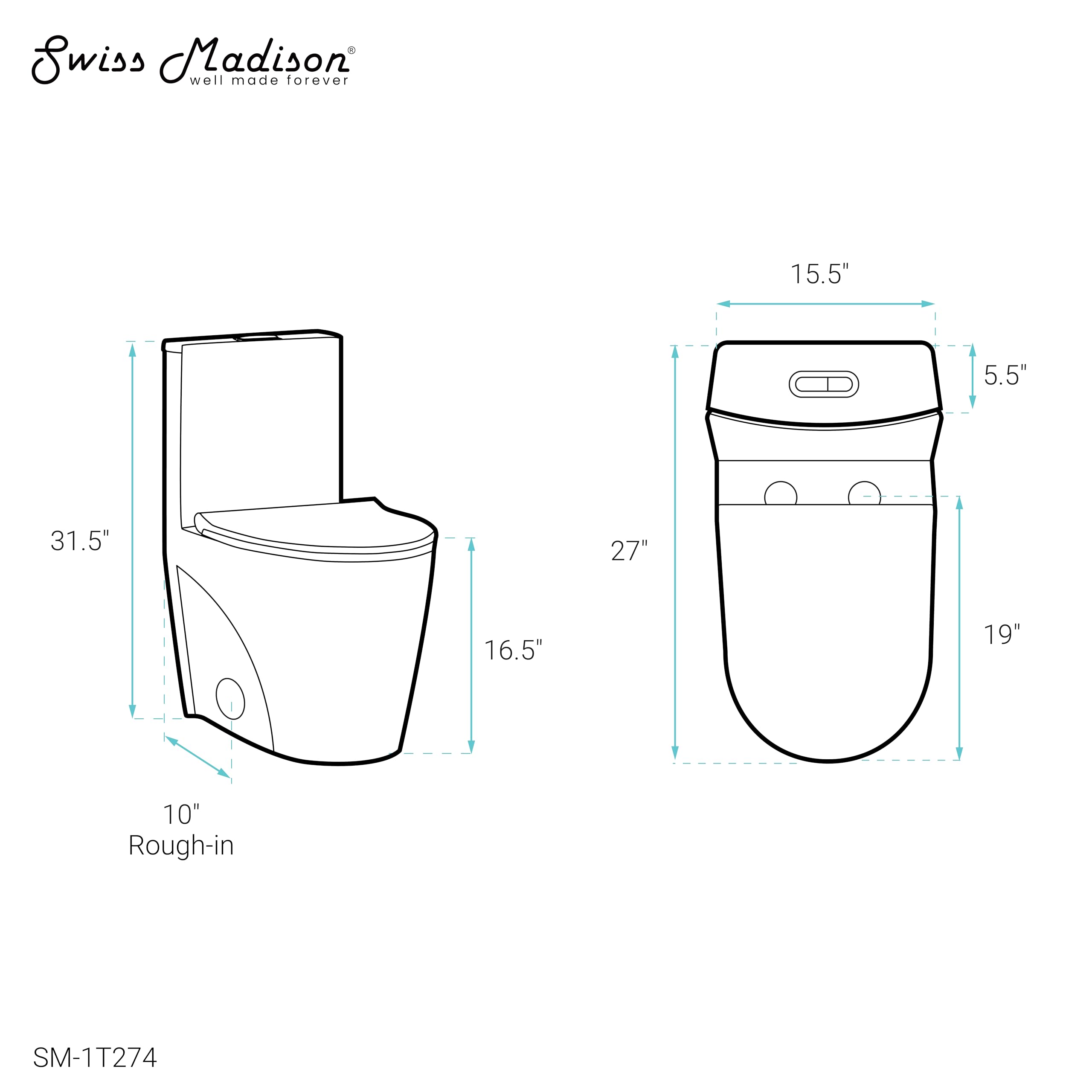 Swiss Madison St. Tropez One Piece Elongated Toilet - Dual Vortex Flush 1.1/1.6 GPF, 10