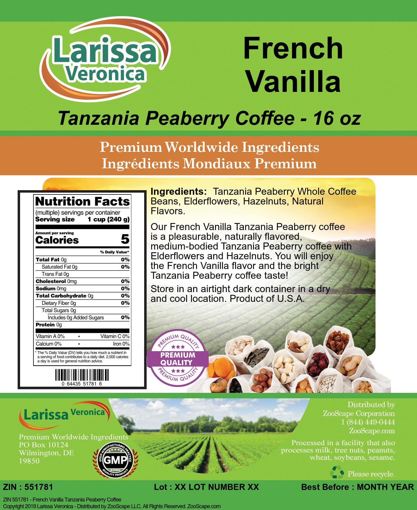 Premium French Vanilla Tanzania Peaberry Coffee Beans - Gourmet Naturally Flavored Whole Bean Coffee (16oz x 3 Pack) - Perfect for Home Brewing, Office Use & Gift Giving