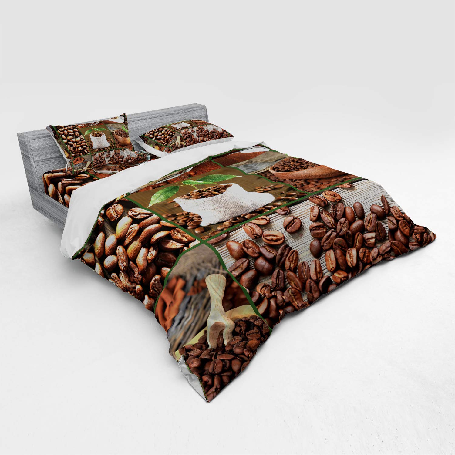 Ambesonne Brown Coffee Theme 4-Piece King Size Bedding Set - Duvet Cover, Shams & Fitted Sheet with Coffee Beans & Green Leaves Design | Perfect for Cozy Bedrooms & Coffee Lovers
