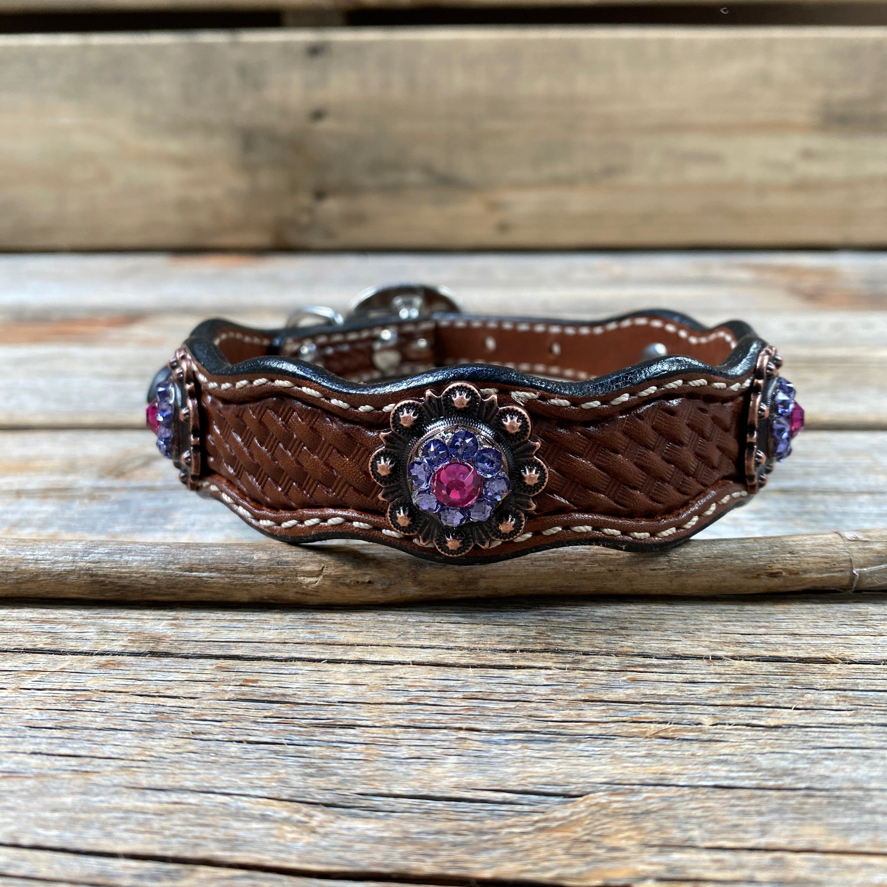 Premium Genuine Leather Dog Collar with Copper Fuchsia & Lilac Conchos - Adjustable 10-22 inches (DC35) for Small to Large Dogs - Perfect for Daily Walks, Training & Fashion Accessories