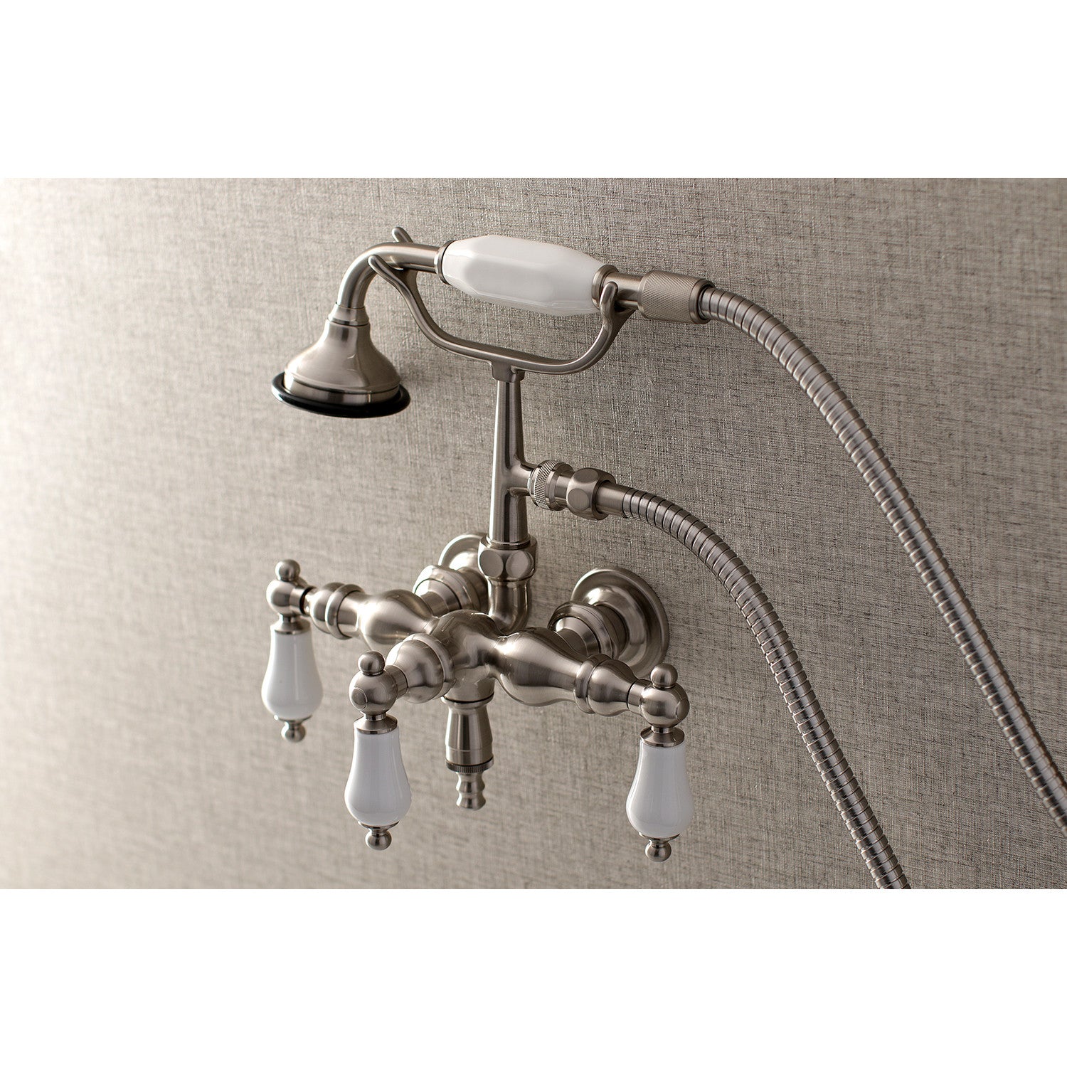 Vintage Style 3-Handle Wall Mount Clawfoot Tub Faucet with Hand Shower in Brushed Nickel - Perfect for Bathroom Renovation & Antique Tub Restoration