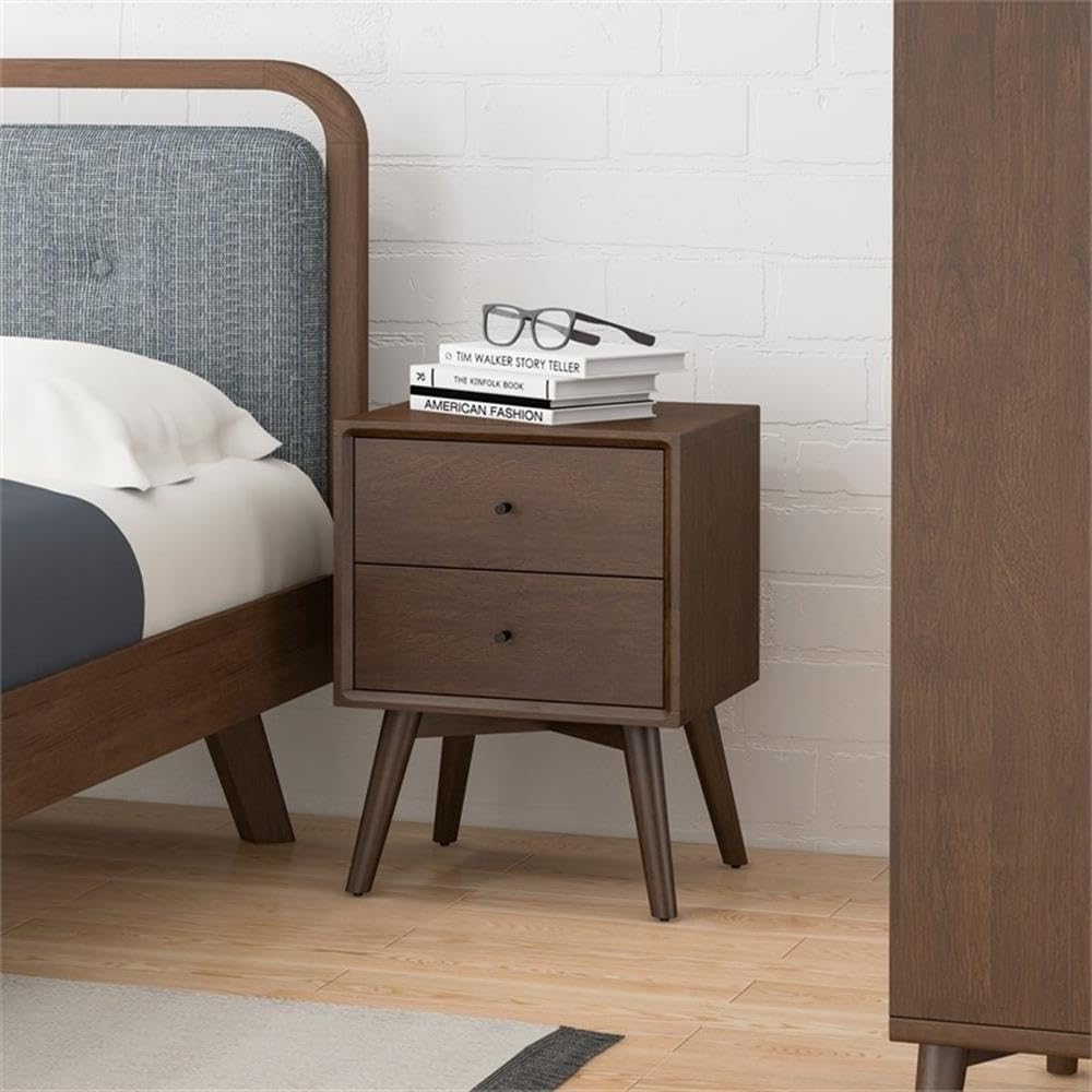 Allora Mid-Century Modern Solid Wood 2-Drawer Nightstand - Brown Finish Bedside Table for Bedroom, Living Room & Guest Room Storage