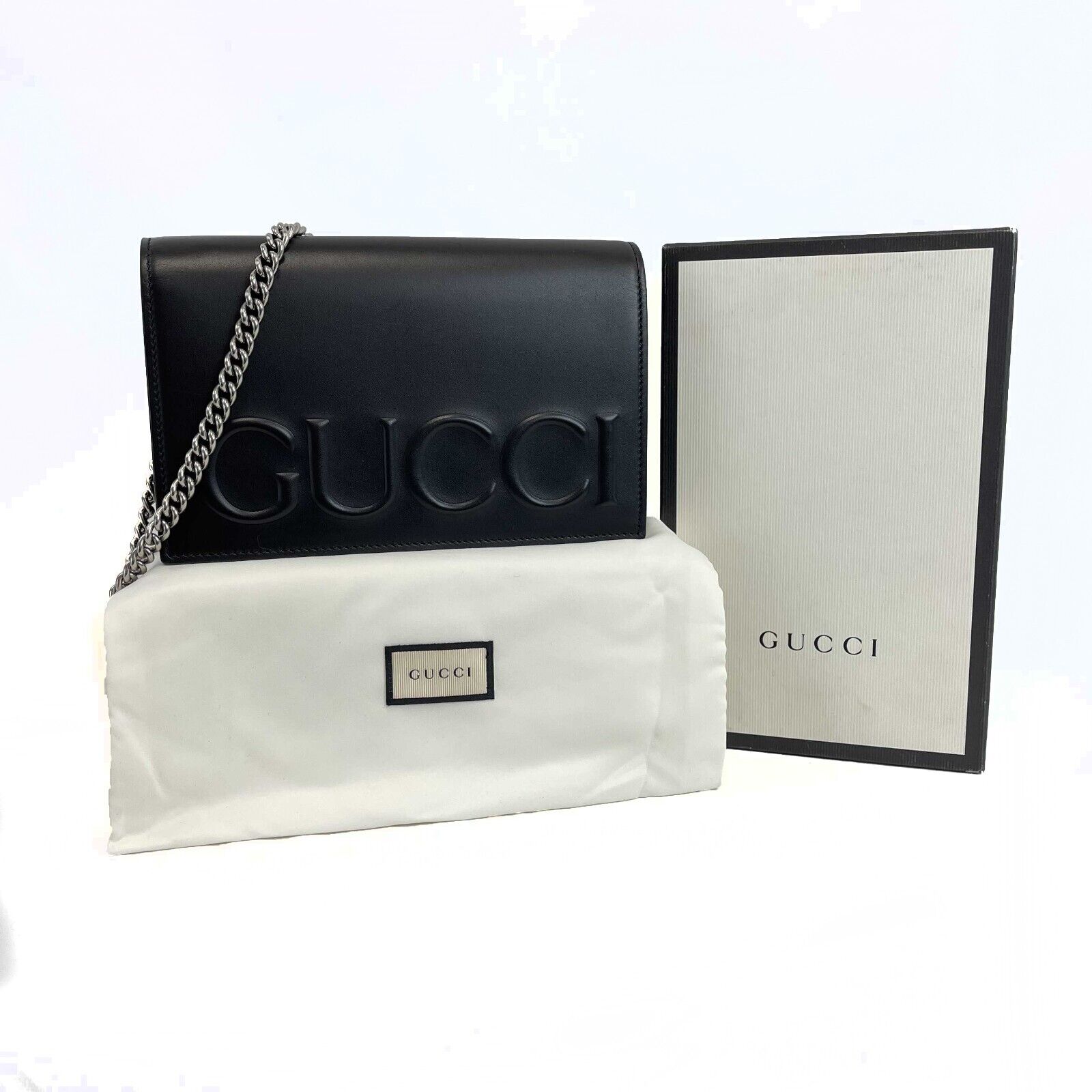 Gucci Black Leather Clutch with Removable Chain Strap - XL Size Luxury Embossed Handbag for Women | Perfect for Evening Parties, Weddings & Special Occasions