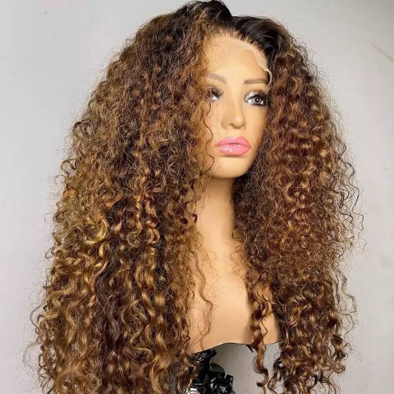 Eullair Ombre 1B/30 Brown Highlights Curly Human Hair Wig with 1B Roots Lace Frontal - Natural Look for Cosplay, Daily Wear & Special Occasions