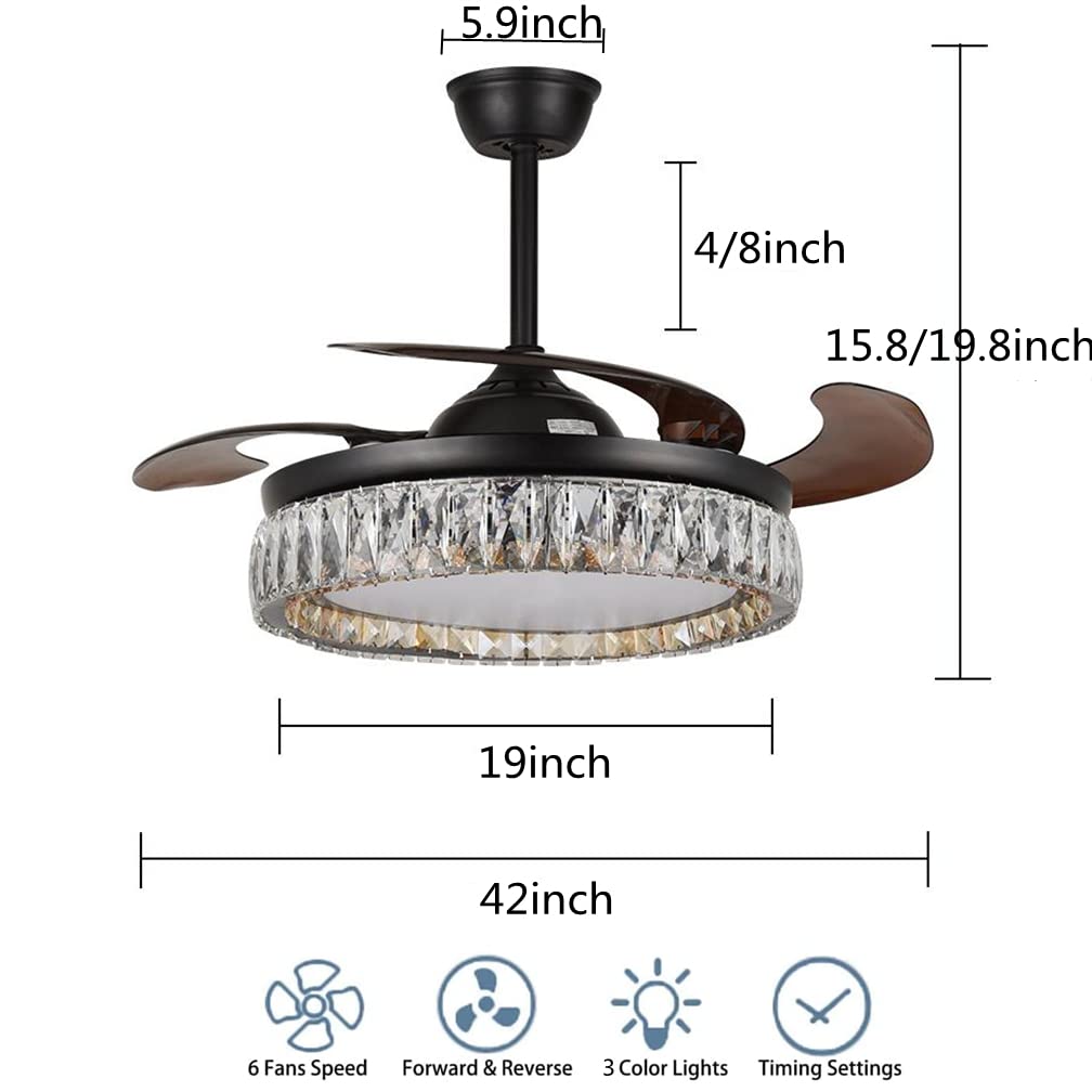 RuiWing 42 Inch Modern Crystal Ceiling Fan with Light - Retractable Blades, 6 Speed Remote Control, Reversible Function & 3 Color Lighting - Black Chandelier Fan for Living Room, Bedroom, Dining Room & Indoor Spaces