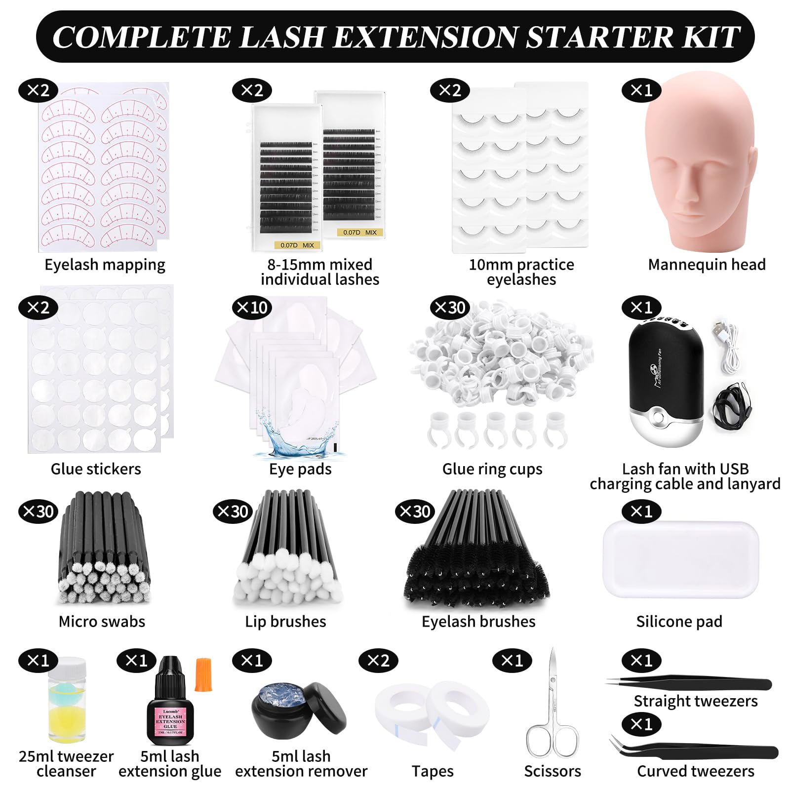 Professional Eyelash Extension Kit for Beginners - Includes Mannequin Practice Head, Lash Clusters, Extension Glue, Remover, Fan & Tweezers - Complete Lash Tech Training Supplies for Home Salon & Professional Use