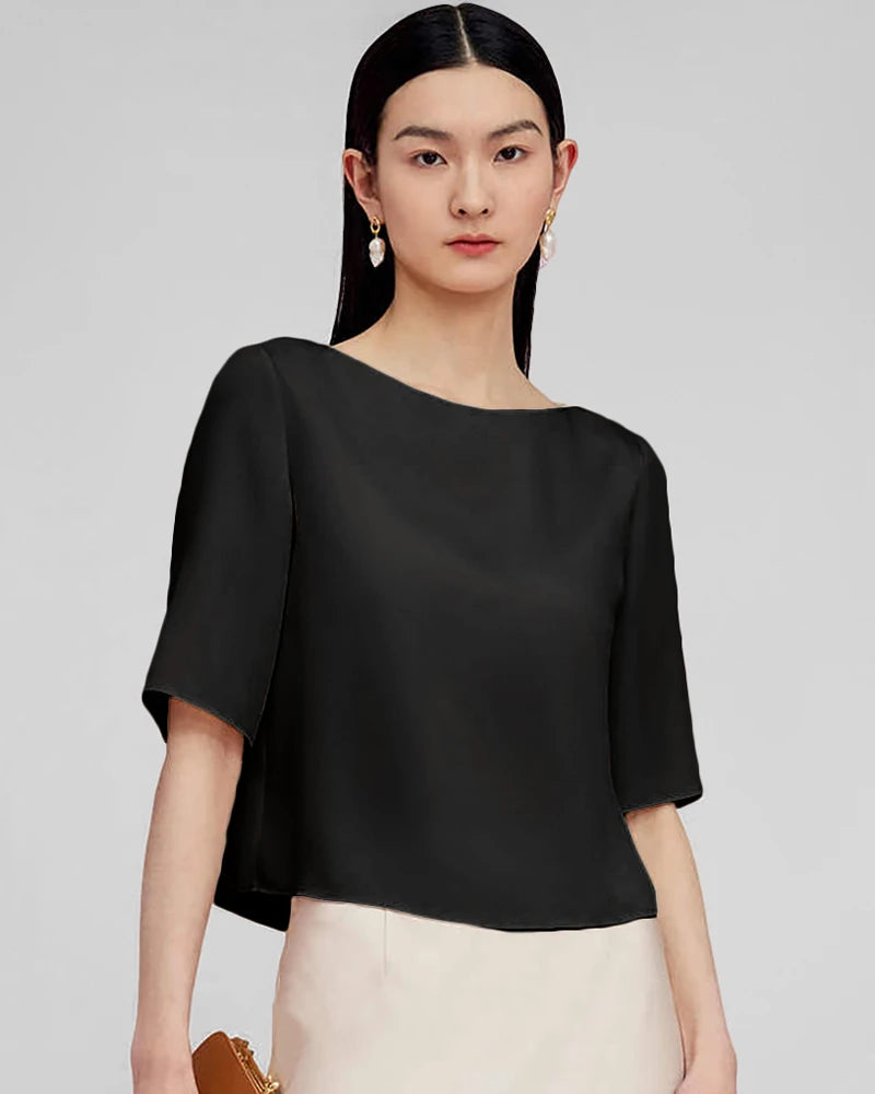 Half Sleeve Basic Silk Blouse for Women - Elegant Casual & Office Wear - Soft Breathable Silk Top for Summer & Spring