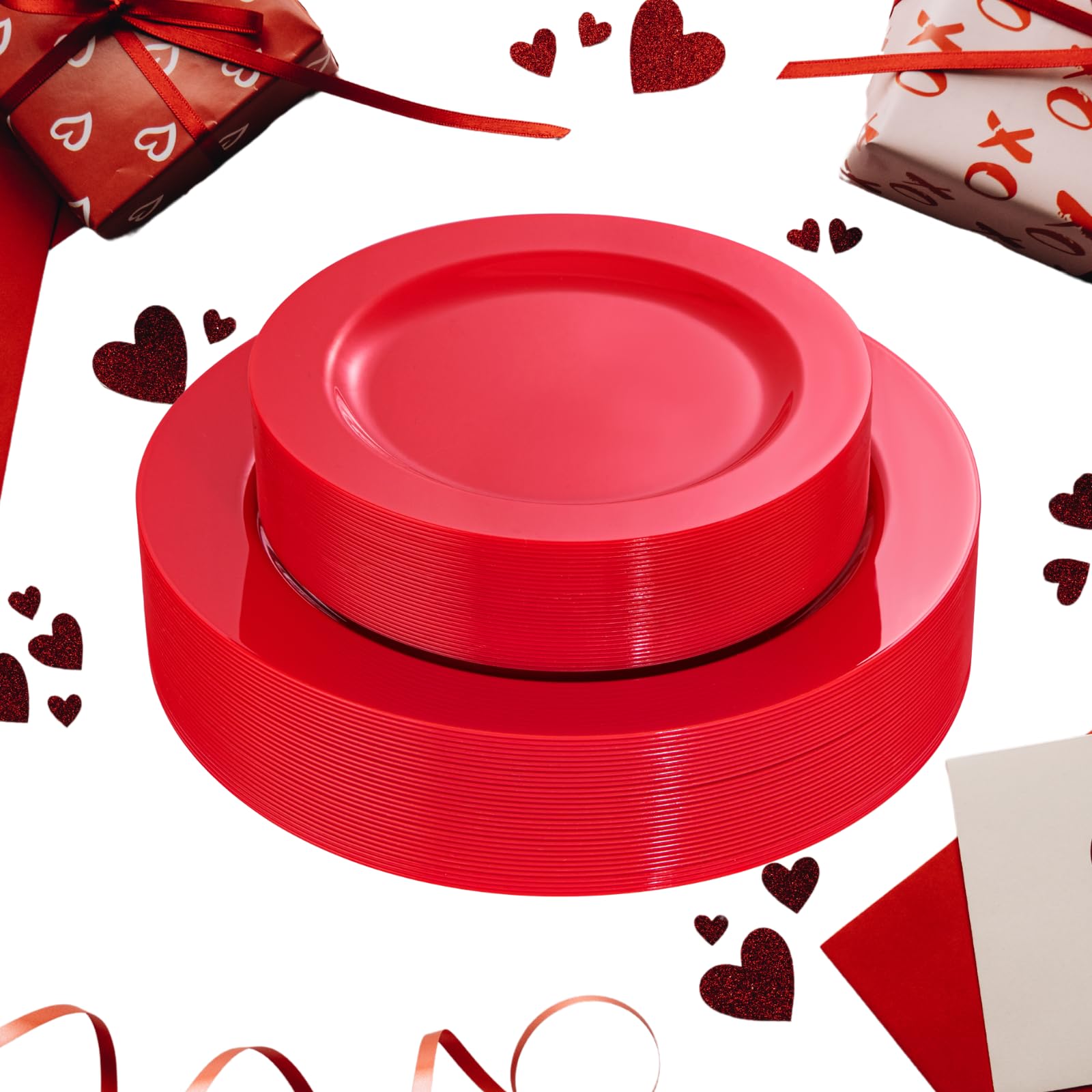 FLOWERCAT 60PCS Heavy Duty Disposable Red Plastic Plates Set - 30PCS 10.25 Inch Dinner Plates & 30PCS 7.5 Inch Dessert/Salad Plates - Perfect for Parties, BBQs, Picnics, and Family Gatherings