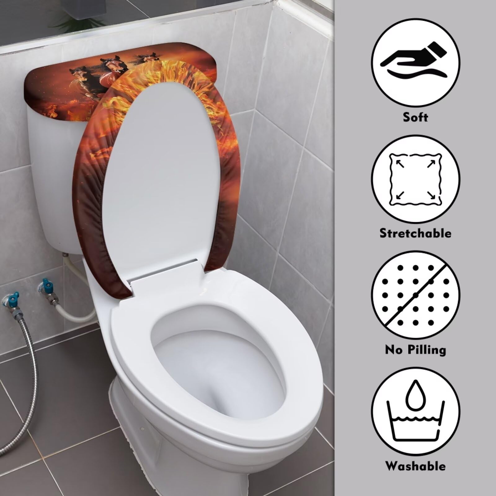 Horse Toilet Tank Lid Cover & Seat Cover Set - Dustproof, Machine Washable Bathroom Decor - Fits Elongated Toilets - Easy Installation - 2-Pack - Perfect for Farmhouse, Western, or Equestrian Themed Bathrooms